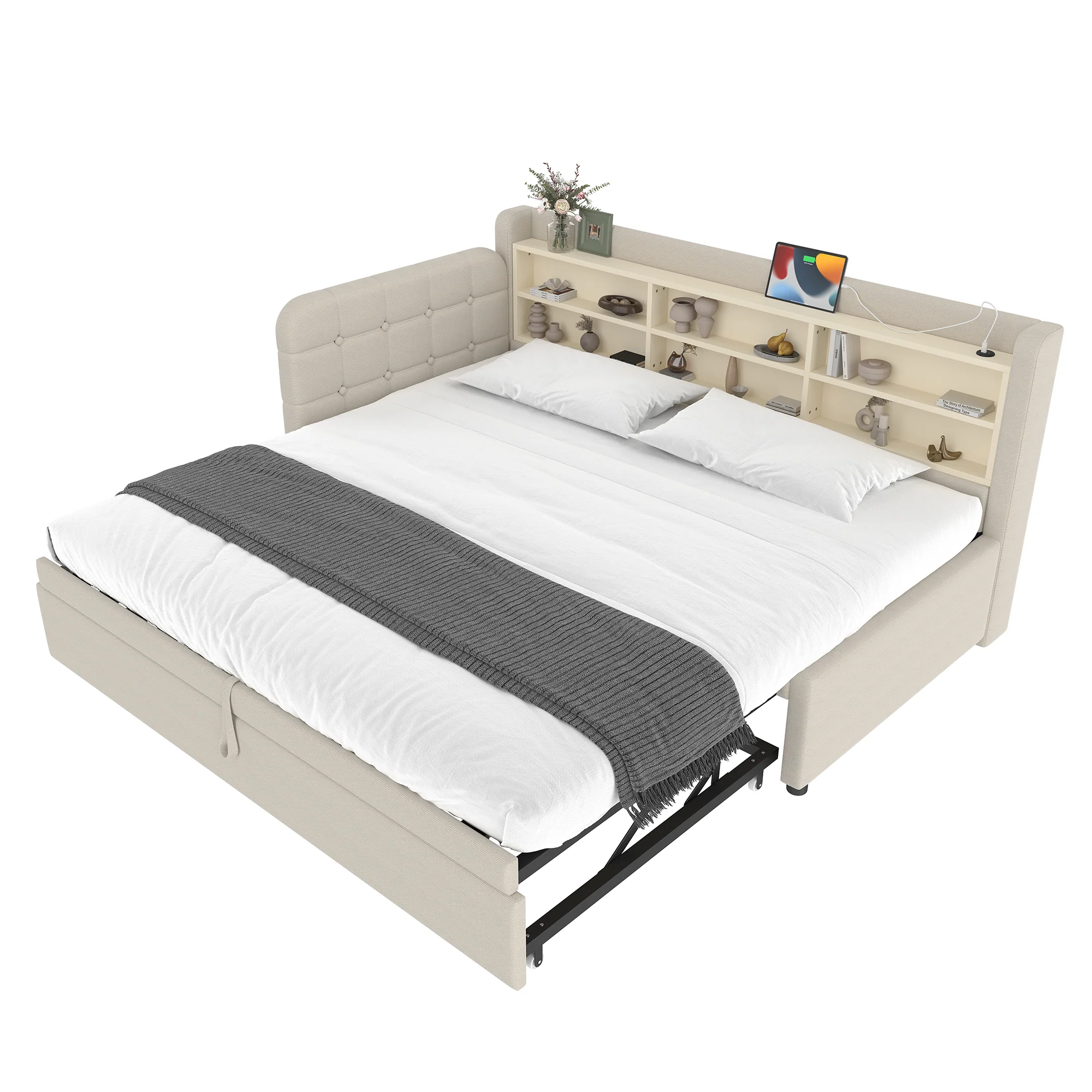 Daybed Sofa Bed 90x200cm Pull-out Bed USB/Type-C Storage Shelves - Linen Beige - Image 8