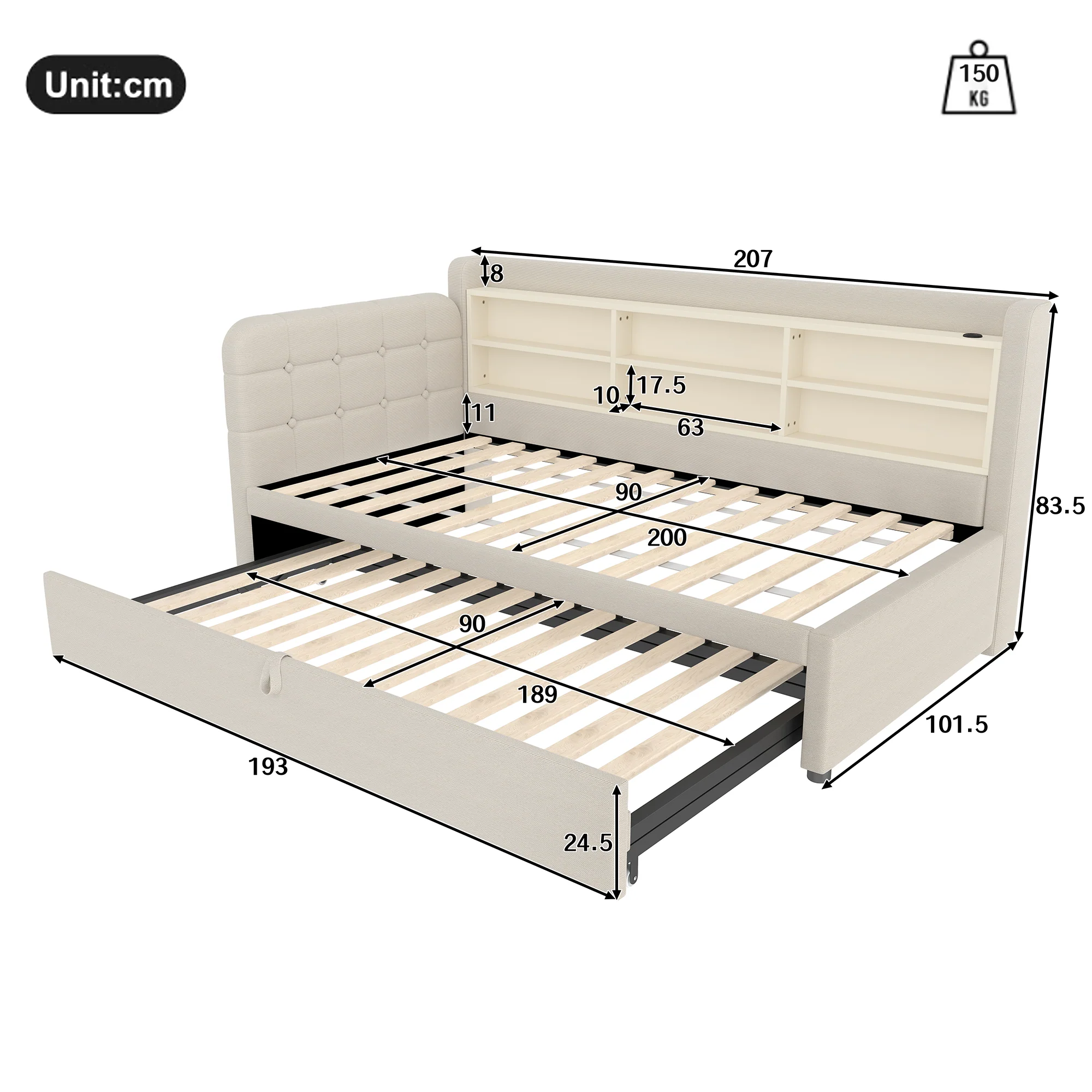 Daybed Sofa Bed 90x200cm Pull-out Bed USB/Type-C Storage Shelves - Linen Beige - Image 9