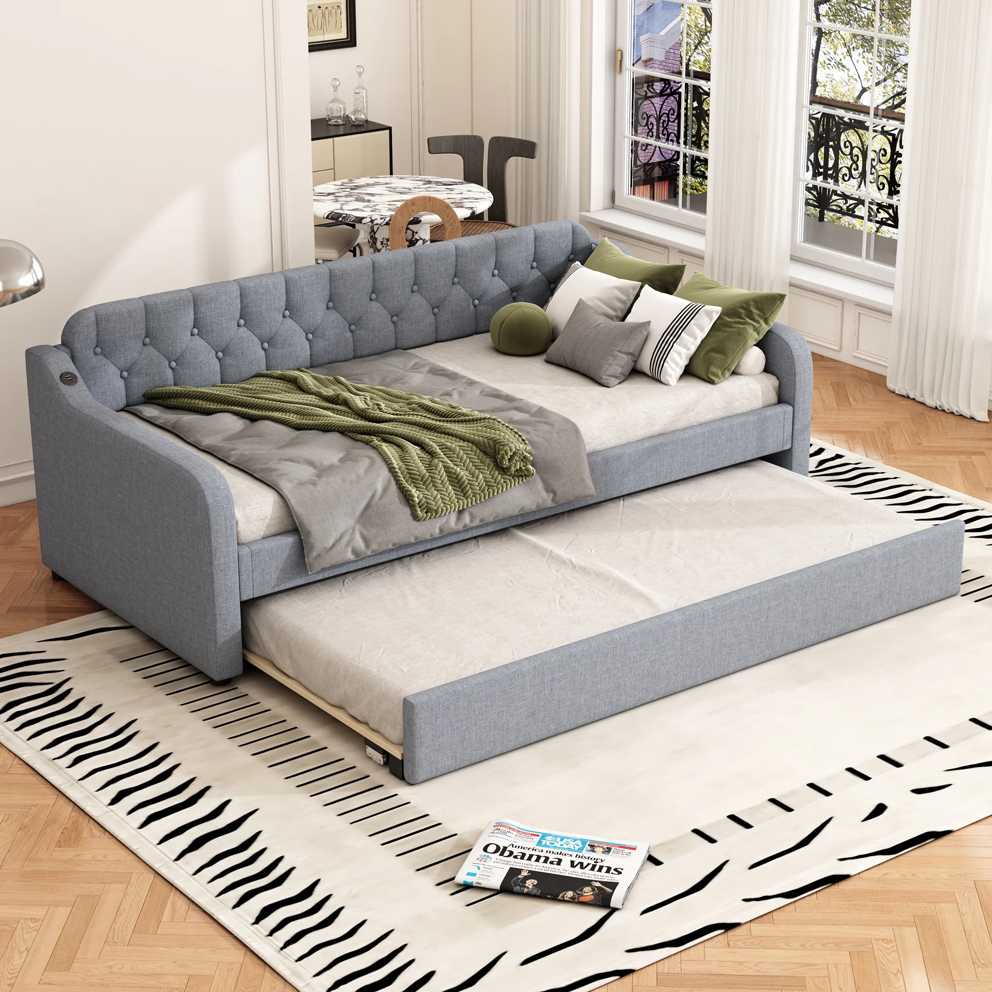 Daybed Sofa Bed 90x200cm Pull-out Rollaway USB Port - Grey - Image 2