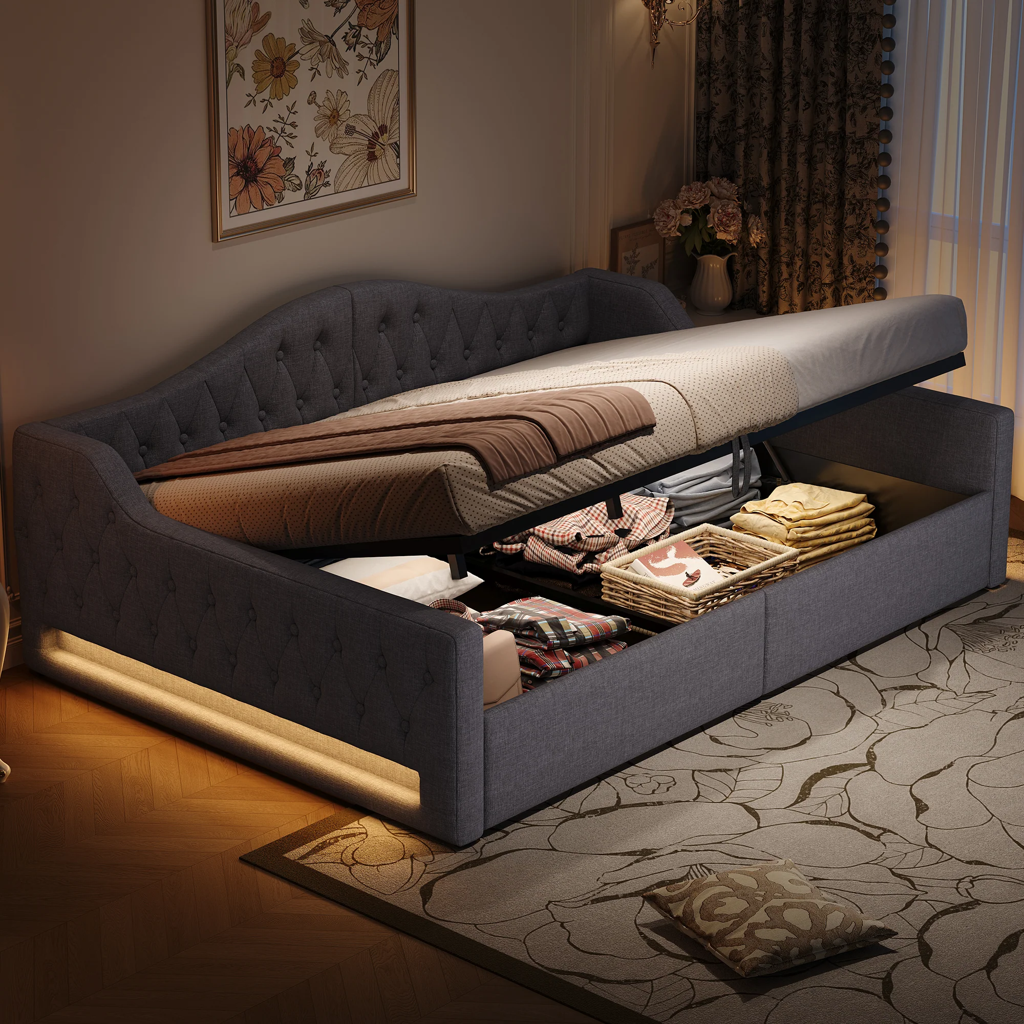 Daybed Upholstered 140x200cm LED Storage - Grey