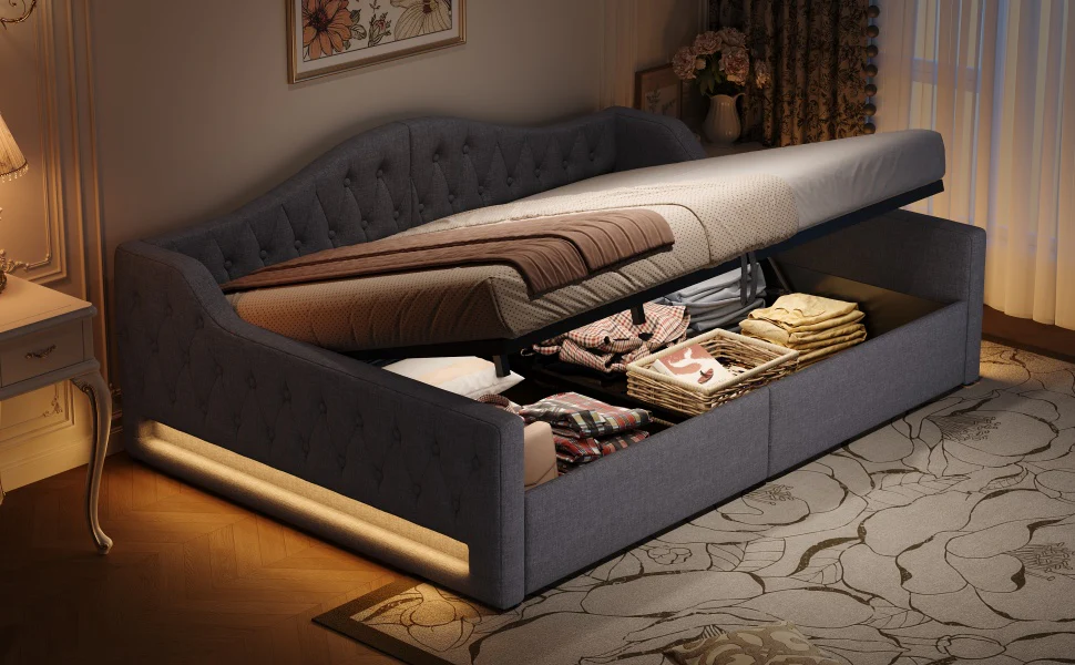 Daybed Upholstered 140x200cm LED Storage - Grey - Image 10