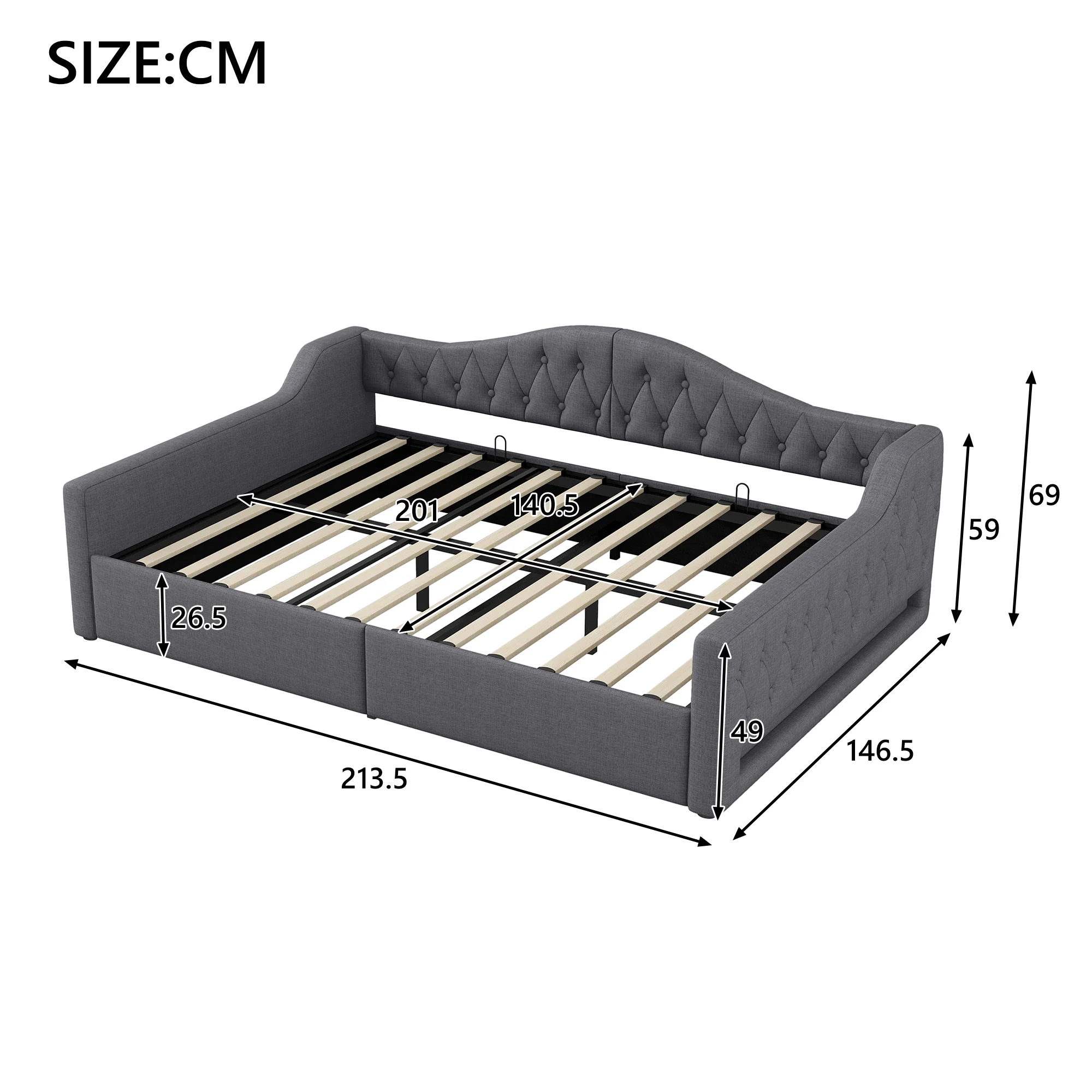 Daybed Upholstered 140x200cm LED Storage - Grey - Image 4