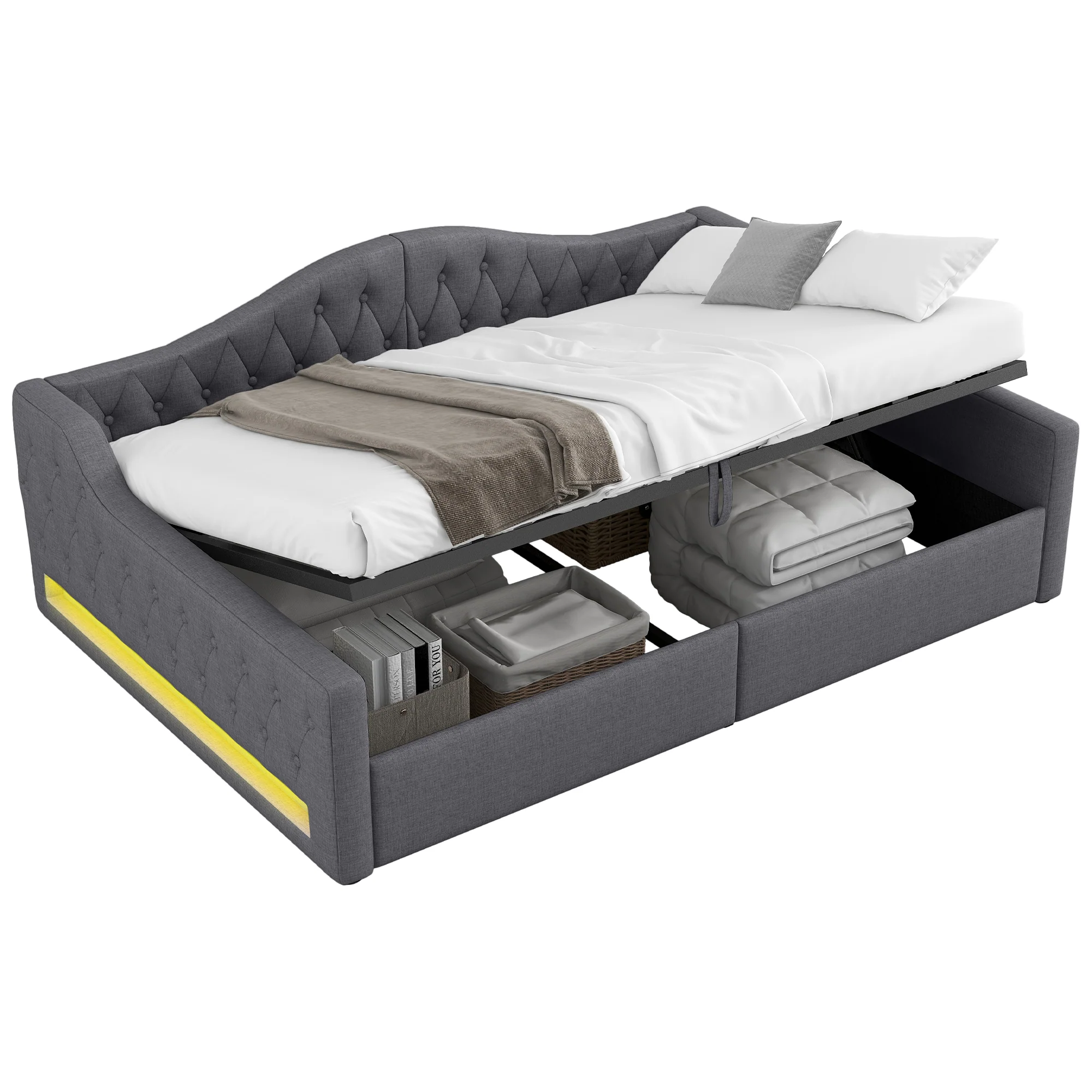 Daybed Upholstered 140x200cm LED Storage - Grey - Image 5