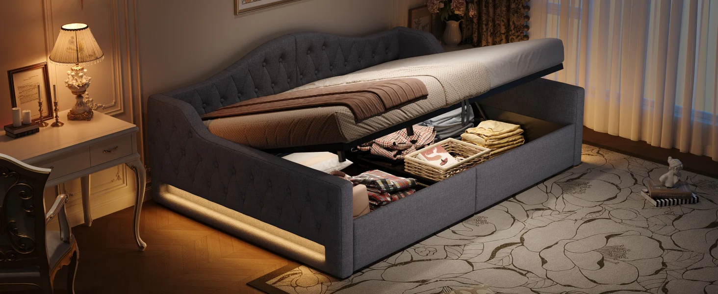 Daybed Upholstered 140x200cm LED Storage - Grey - Image 6