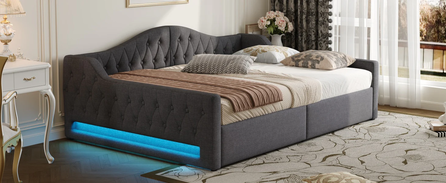 Daybed Upholstered 140x200cm LED Storage - Grey - Image 7