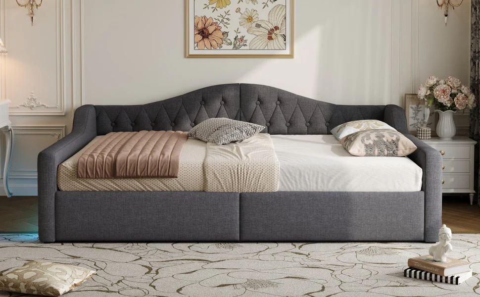 Daybed Upholstered 140x200cm LED Storage - Grey - Image 8