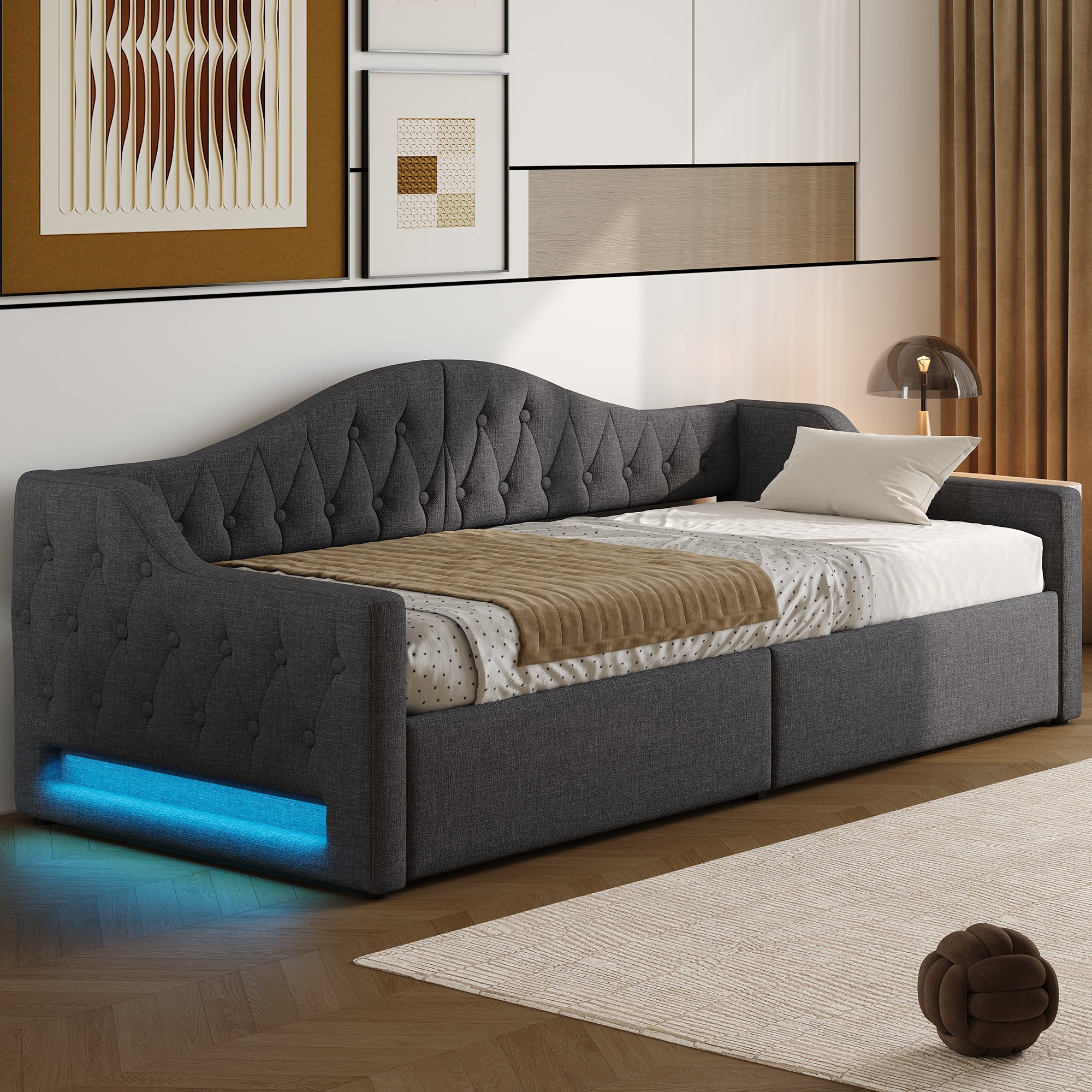 Daybed Upholstered 90x200 LED Storage - Grey - Image 2