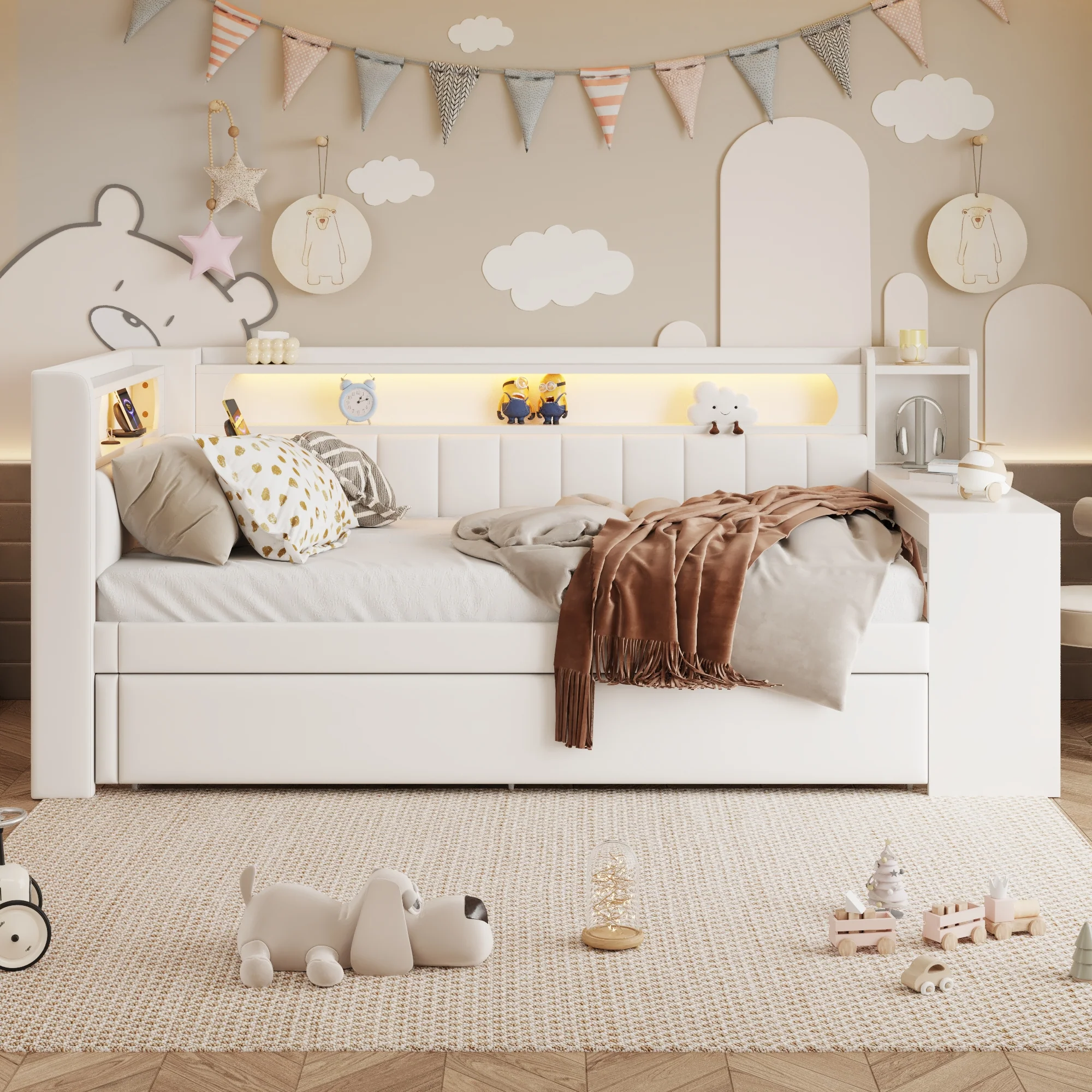 Daybed Upholstered 90x200cm Pull-out Bed Desk LED USB - White - Image 2