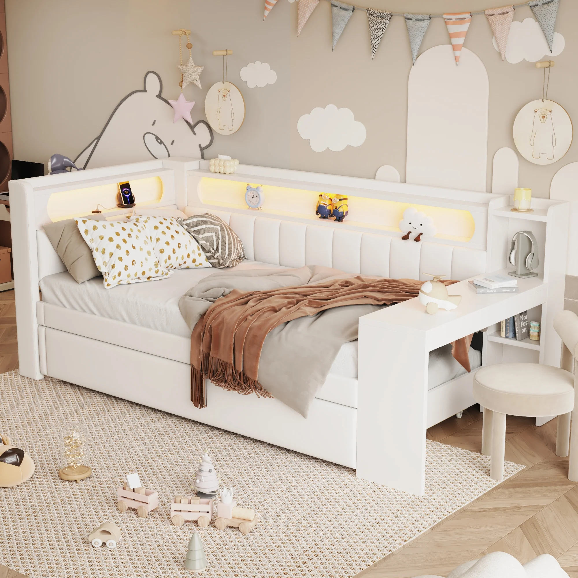 Daybed Upholstered 90x200cm Pull-out Bed Desk LED USB - White - Image 3