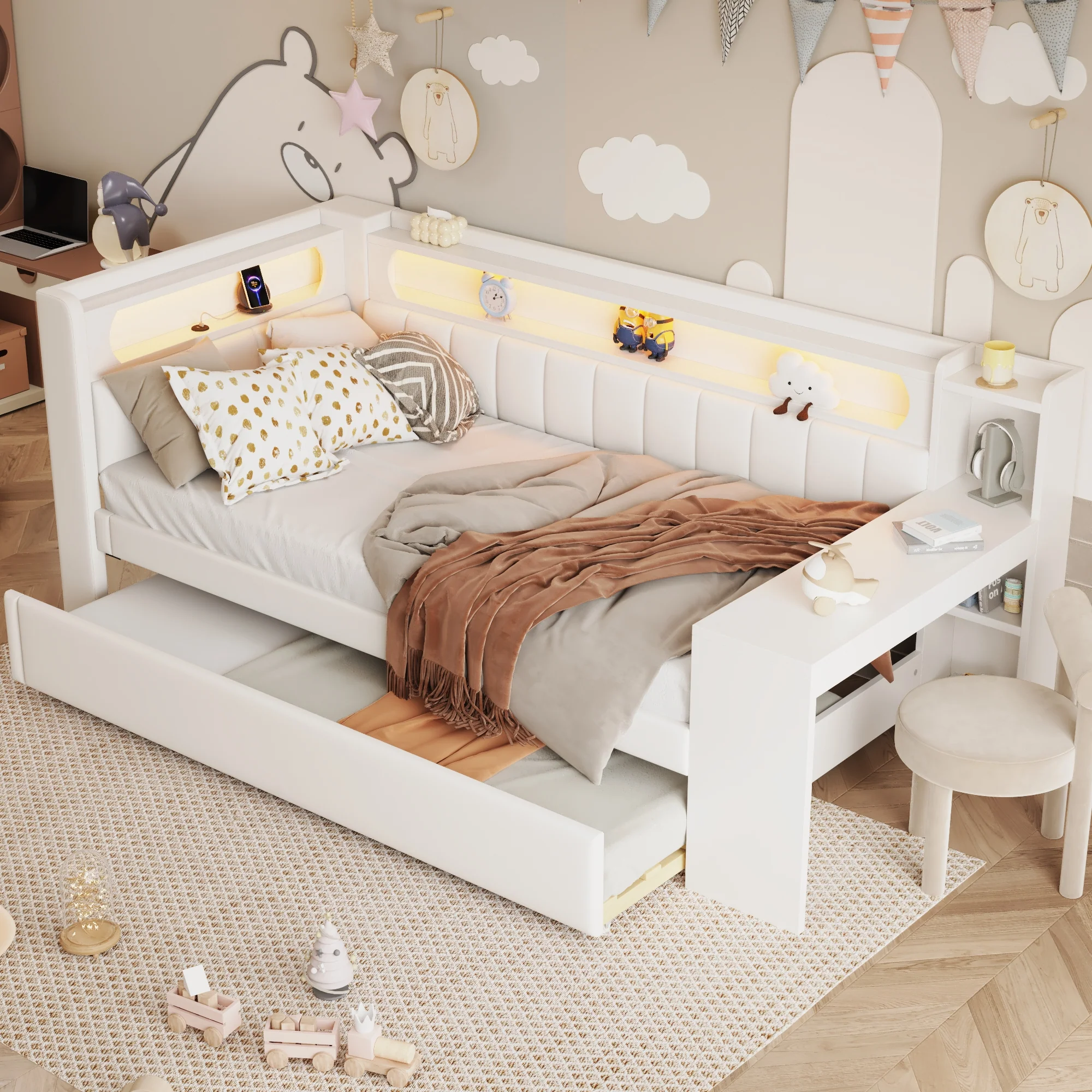 Daybed Upholstered 90x200cm Pull-out Bed Desk LED USB - White - Image 4
