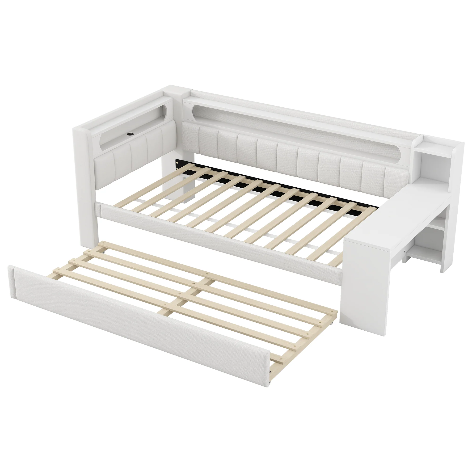 Daybed Upholstered 90x200cm Pull-out Bed Desk LED USB - White - Image 8