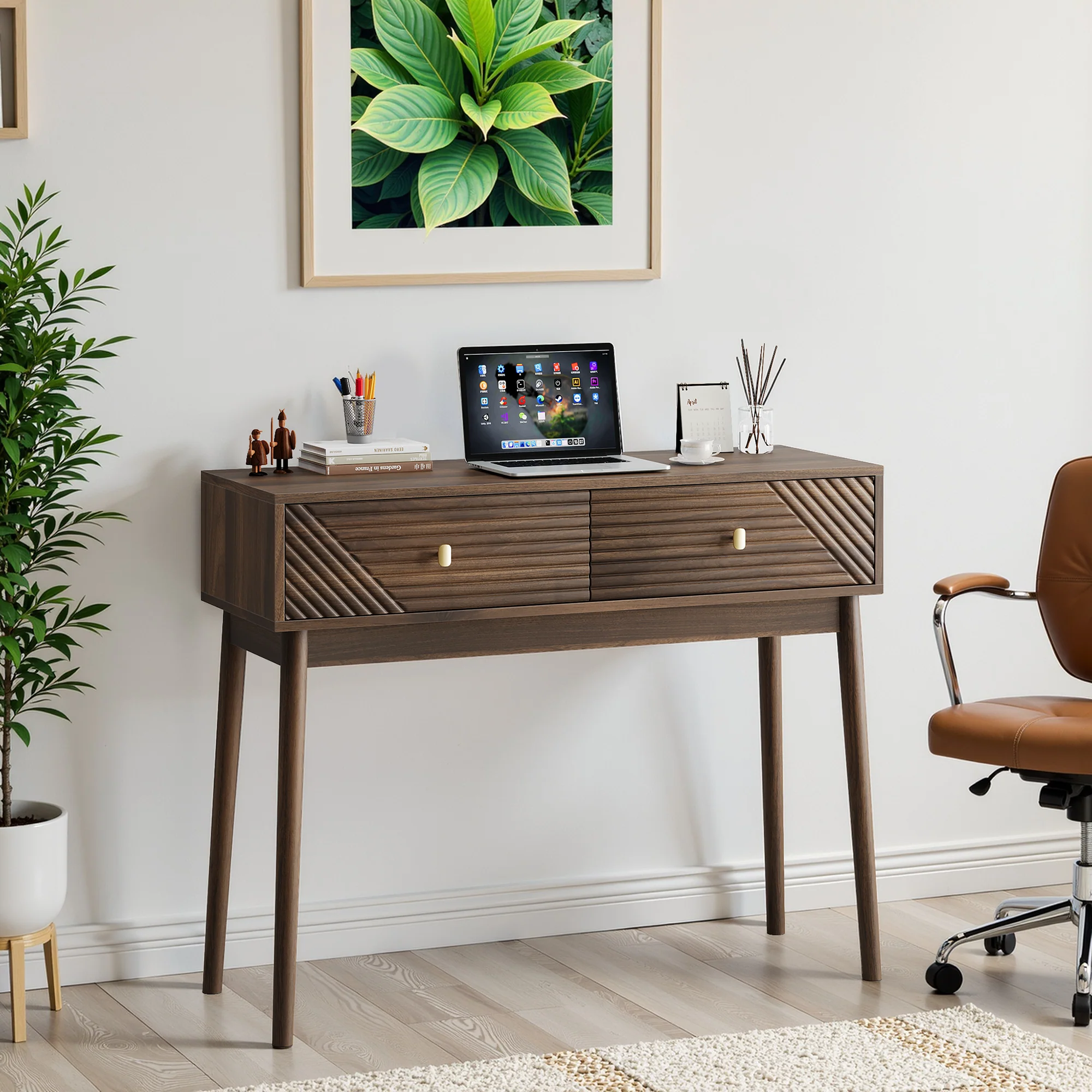 Desk, Console Table with Drawers and Open Shelves, Walnut - Image 3