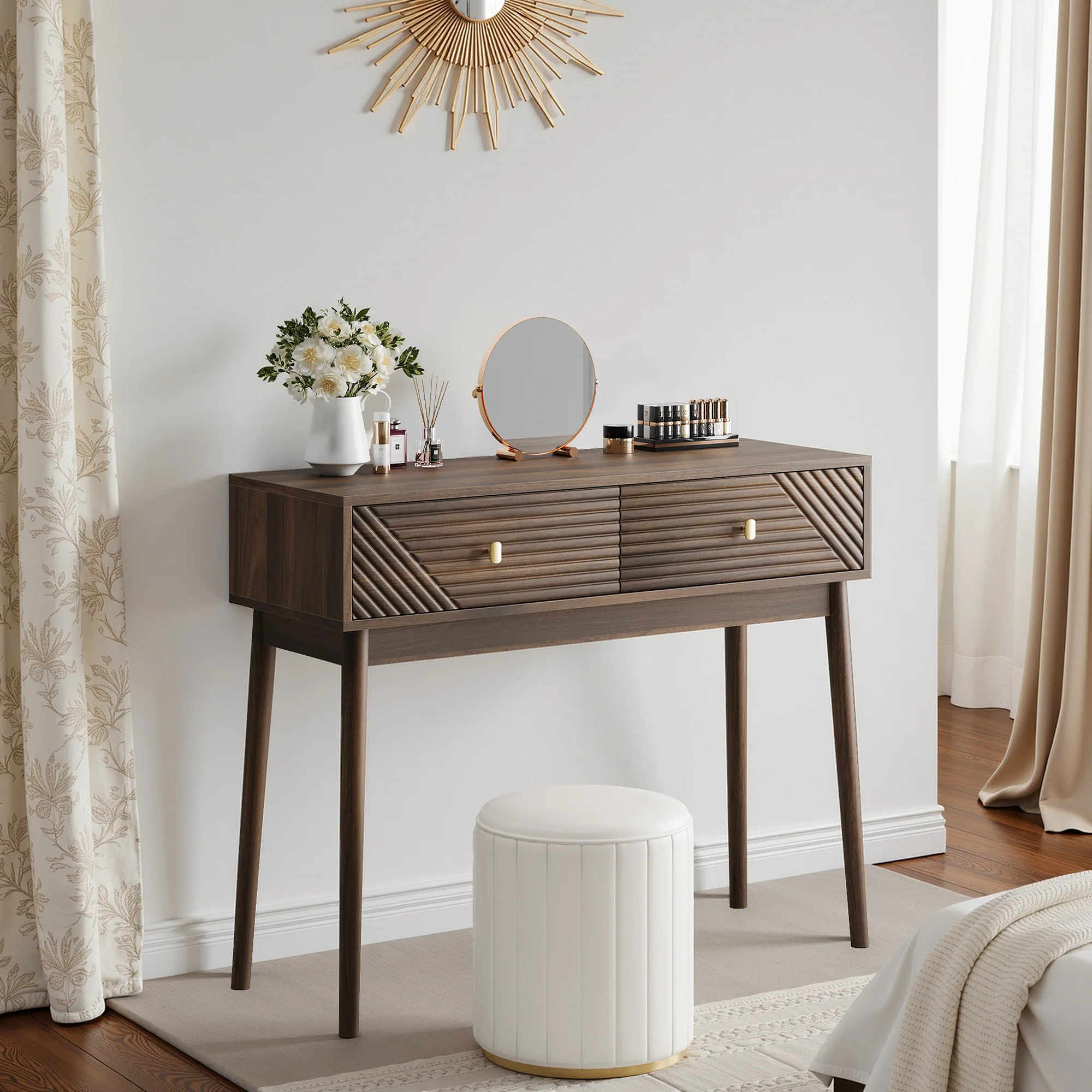 Desk, Console Table with Drawers and Open Shelves, Walnut - Image 4
