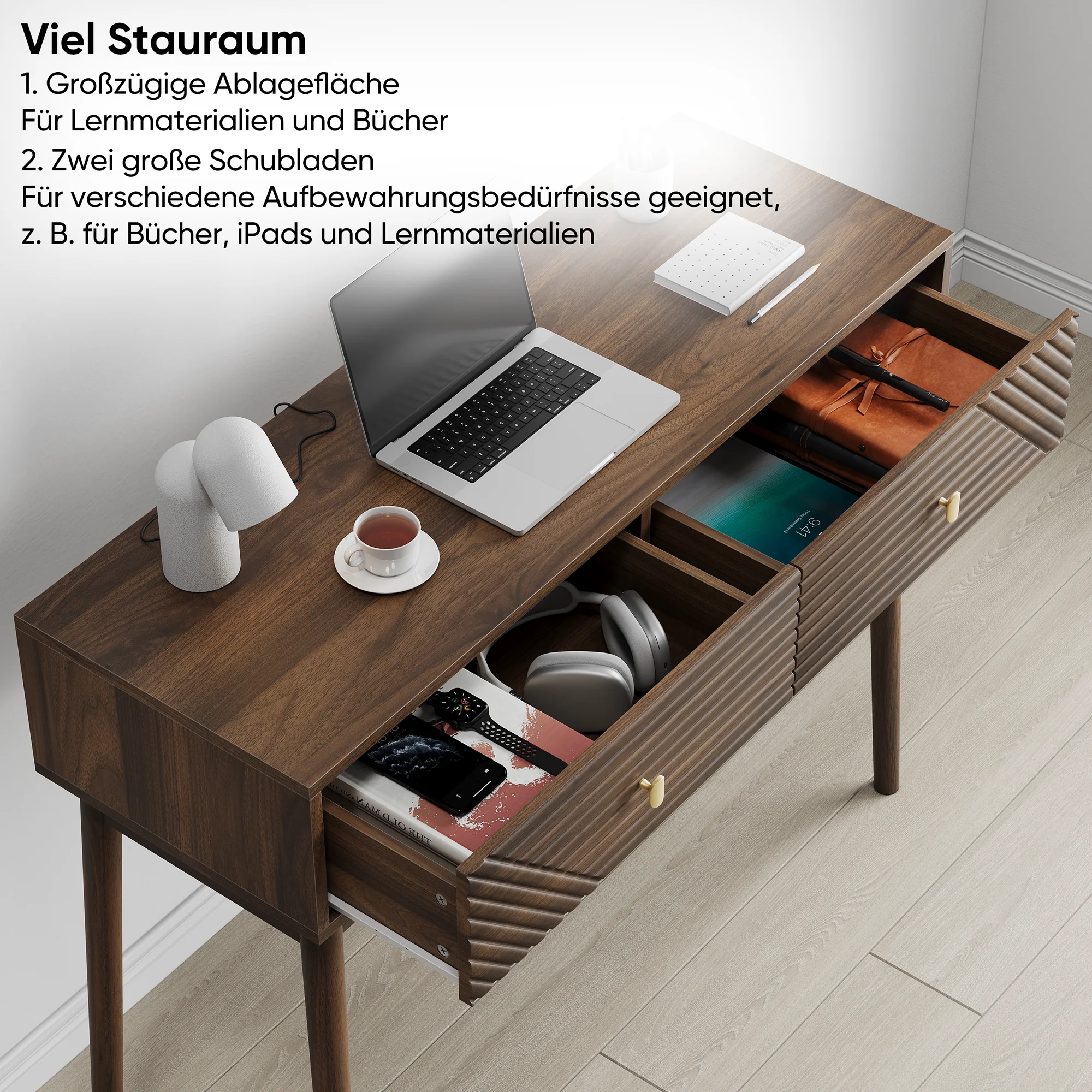 Desk, Console Table with Drawers and Open Shelves, Walnut - Image 5