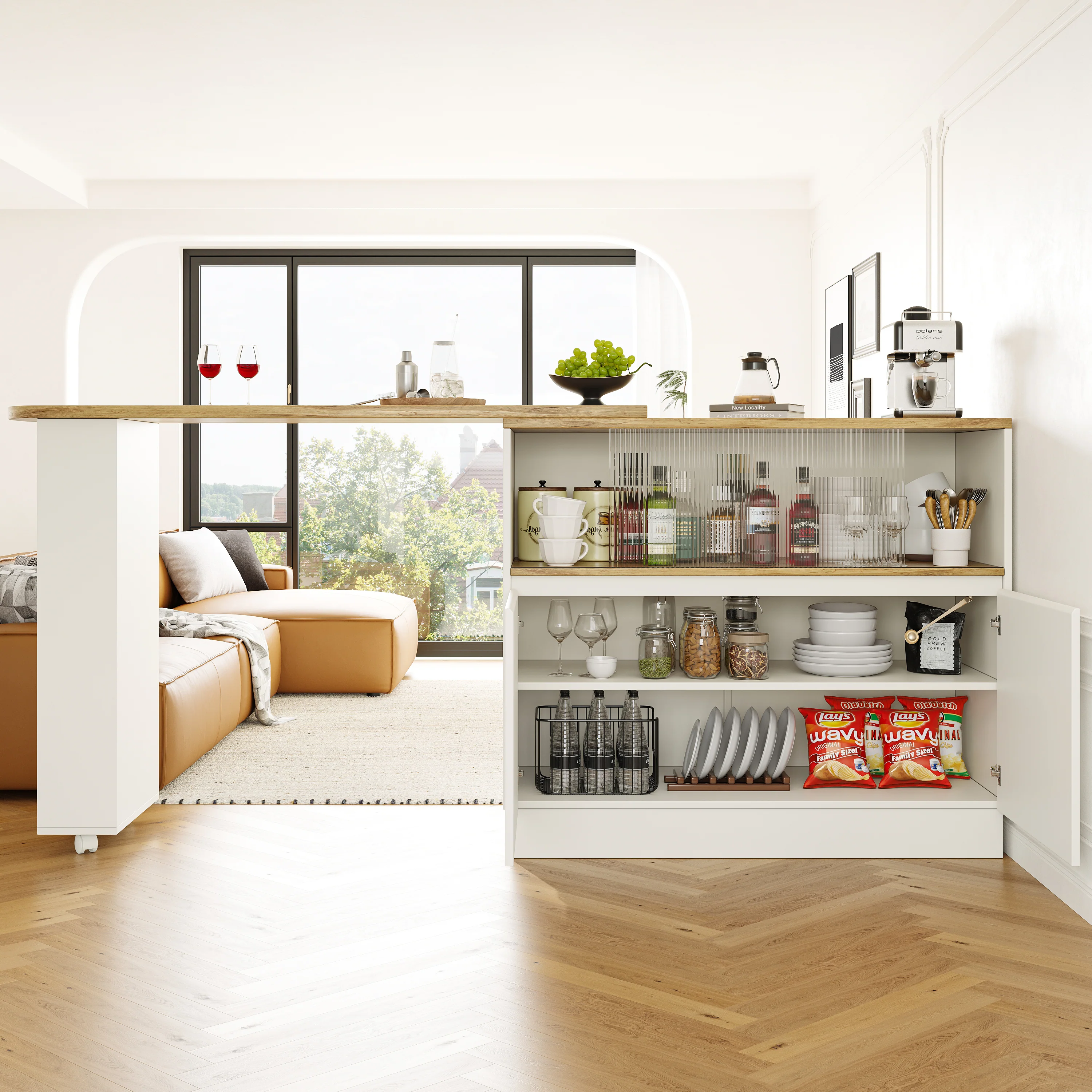 Dining Bar 360° Rotating Multifunctional Sideboard Shelves & Glass - Image 2