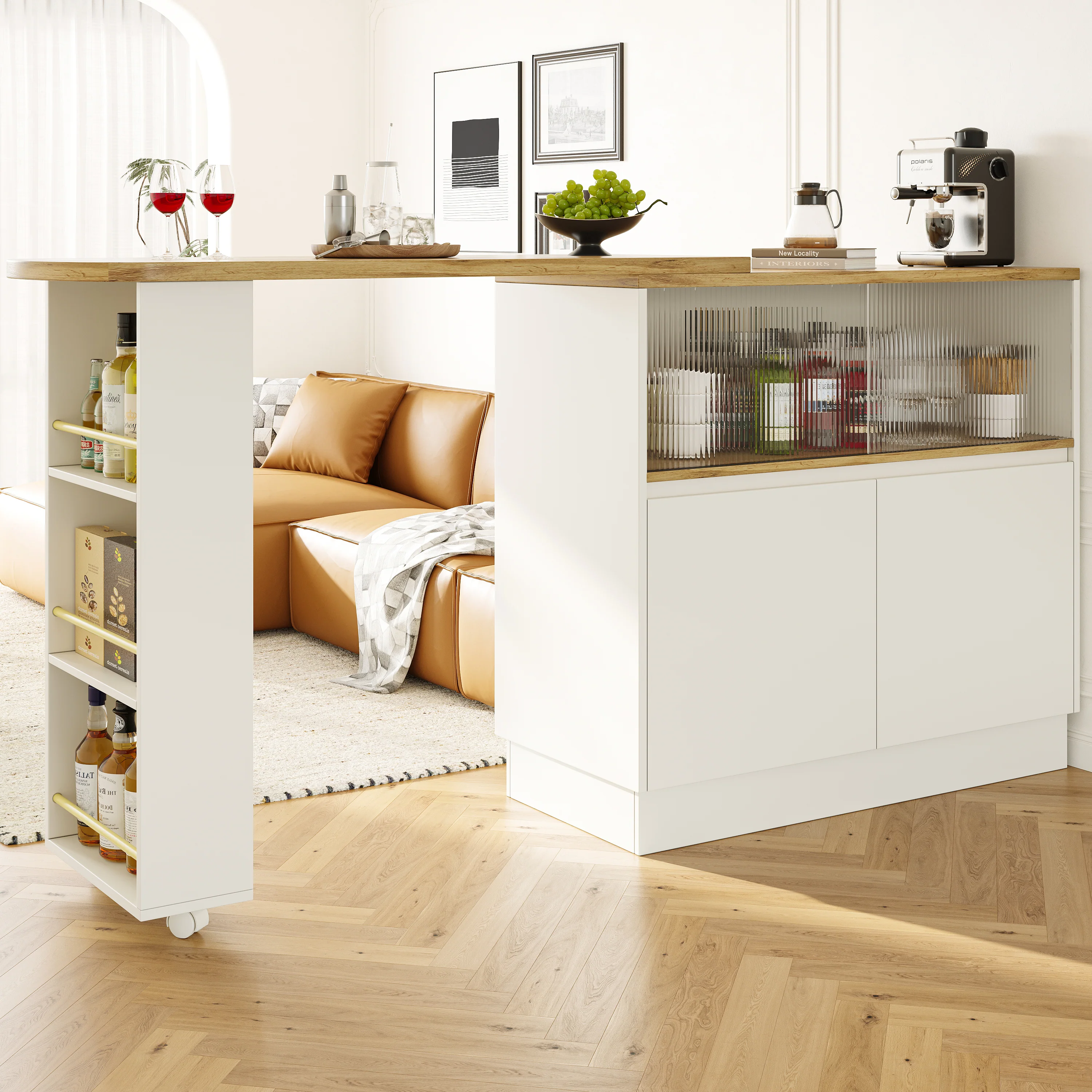 Dining Bar 360° Rotating Multifunctional Sideboard Shelves & Glass - Image 4