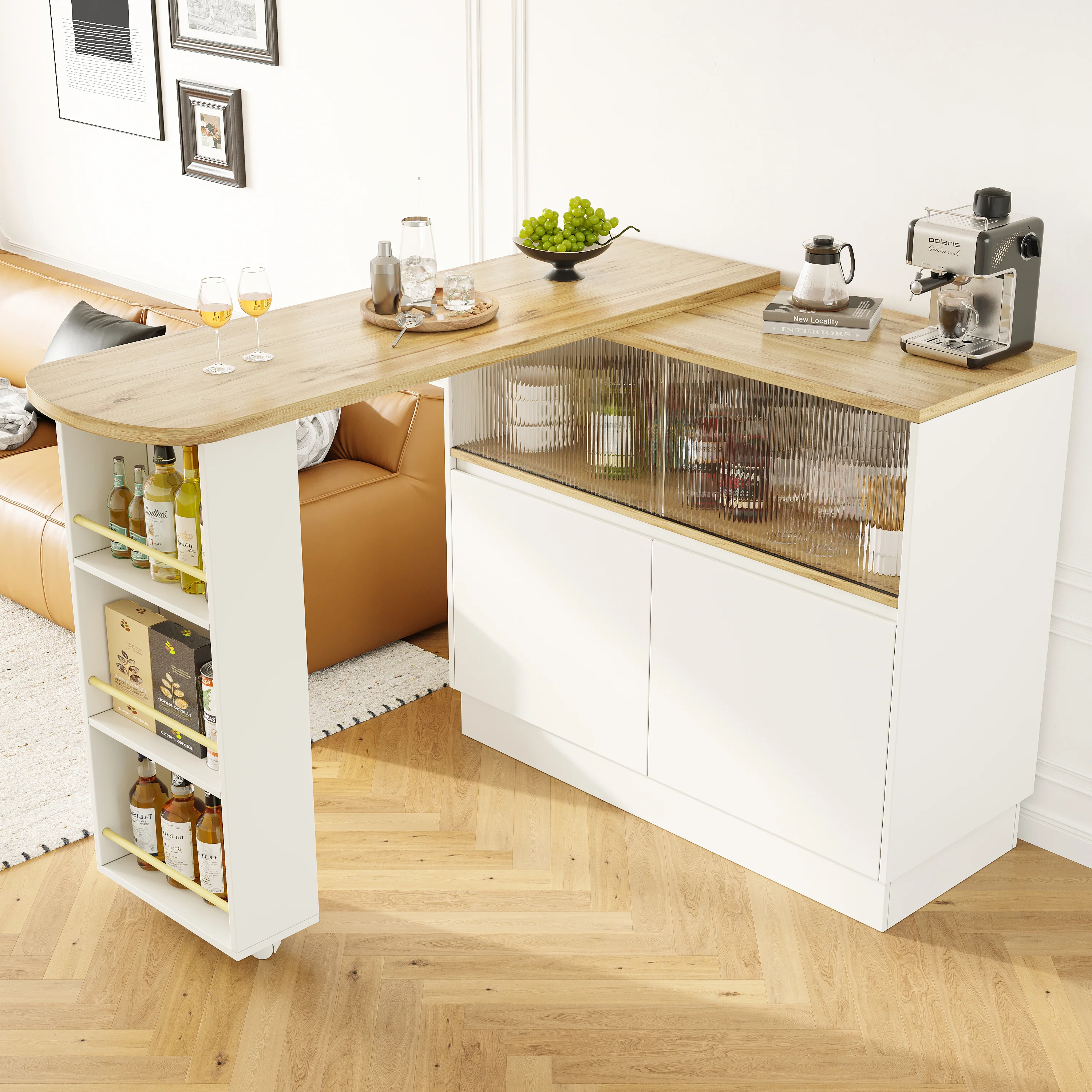 Dining Bar 360° Rotating Multifunctional Sideboard Shelves & Glass - Image 5
