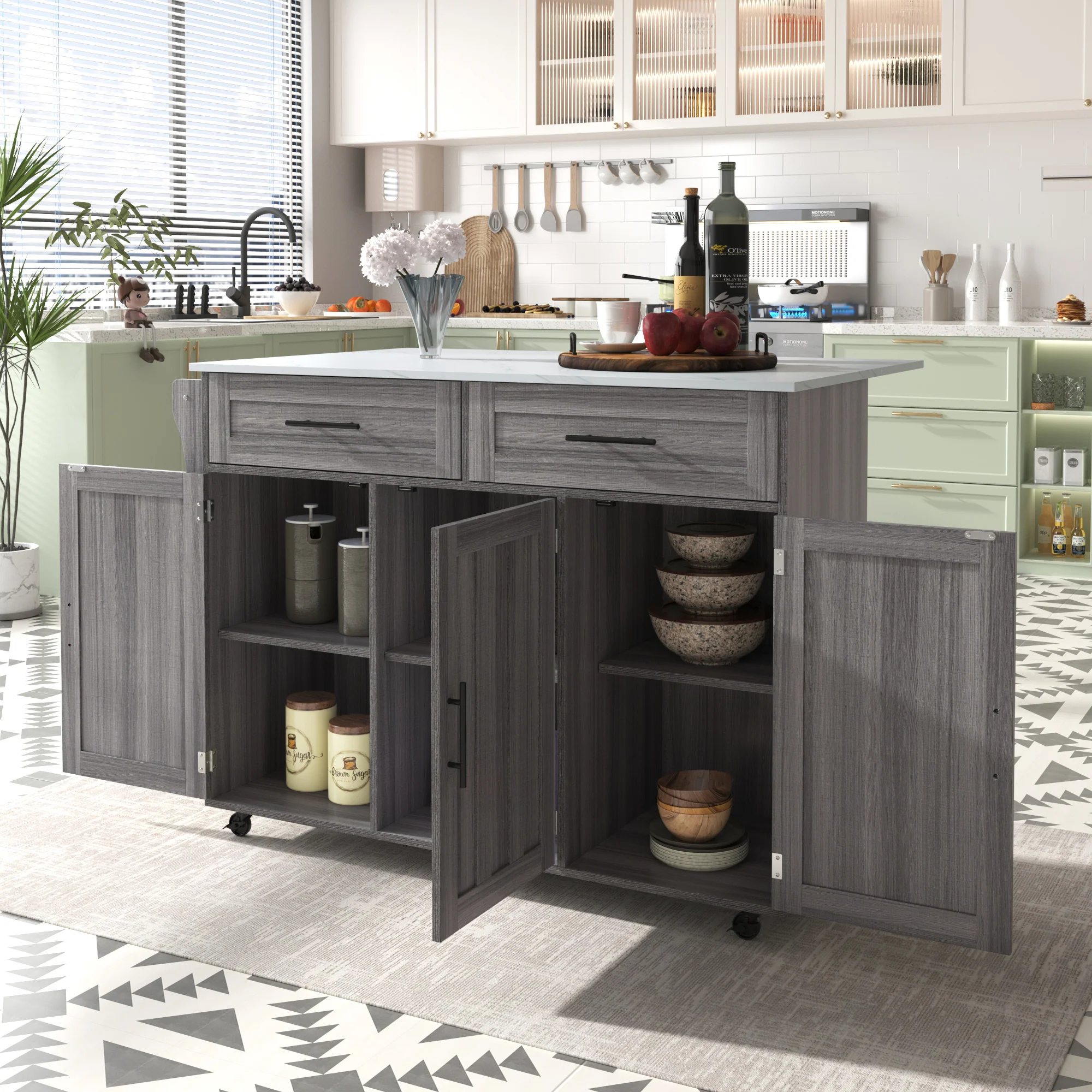 Dining Cart Kitchen Island Folding Table 5 Wheels Storage 2 Drawers - White/Khaki Grey - Image 2