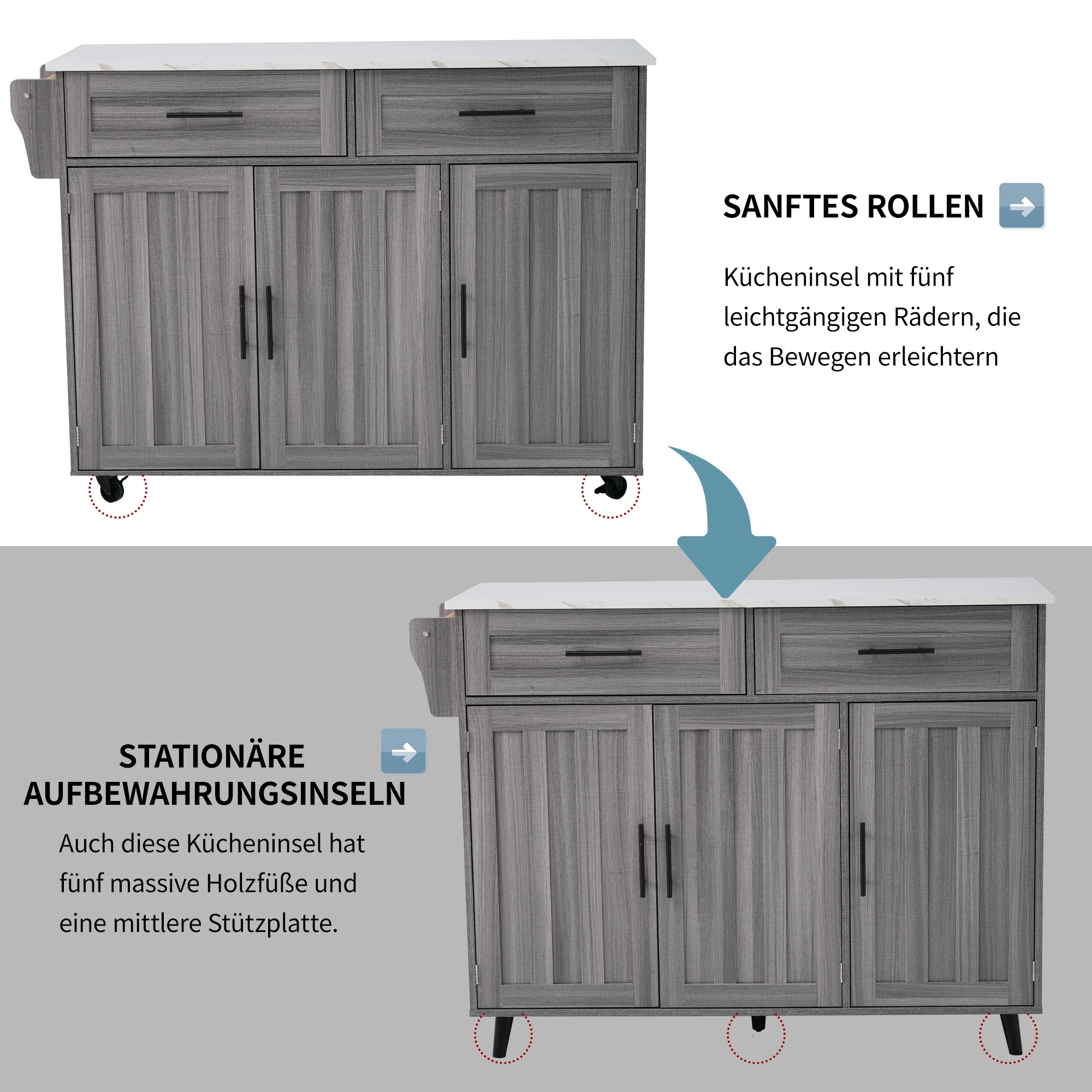 Dining Cart Kitchen Island Folding Table 5 Wheels Storage 2 Drawers - White/Khaki Grey - Image 3