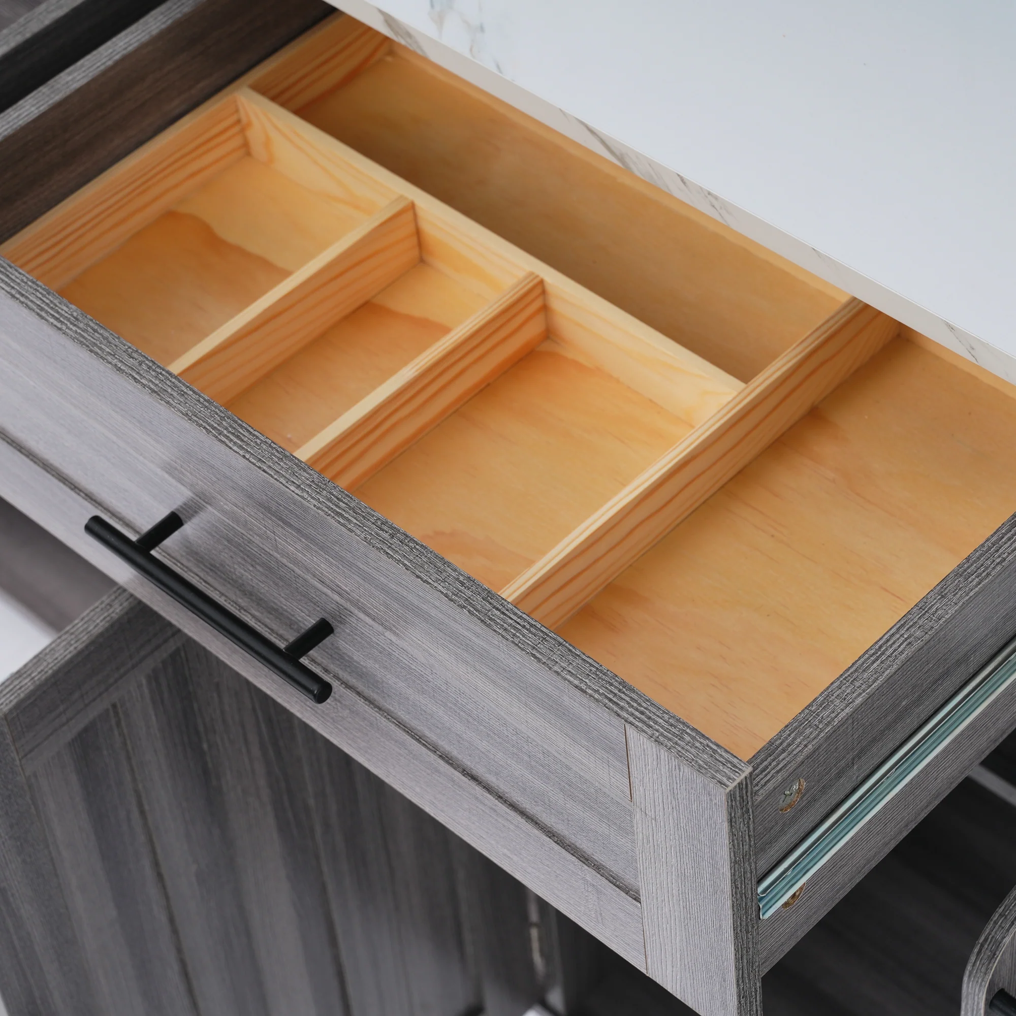 Dining Cart Kitchen Island Folding Table 5 Wheels Storage 2 Drawers - White/Khaki Grey - Image 7