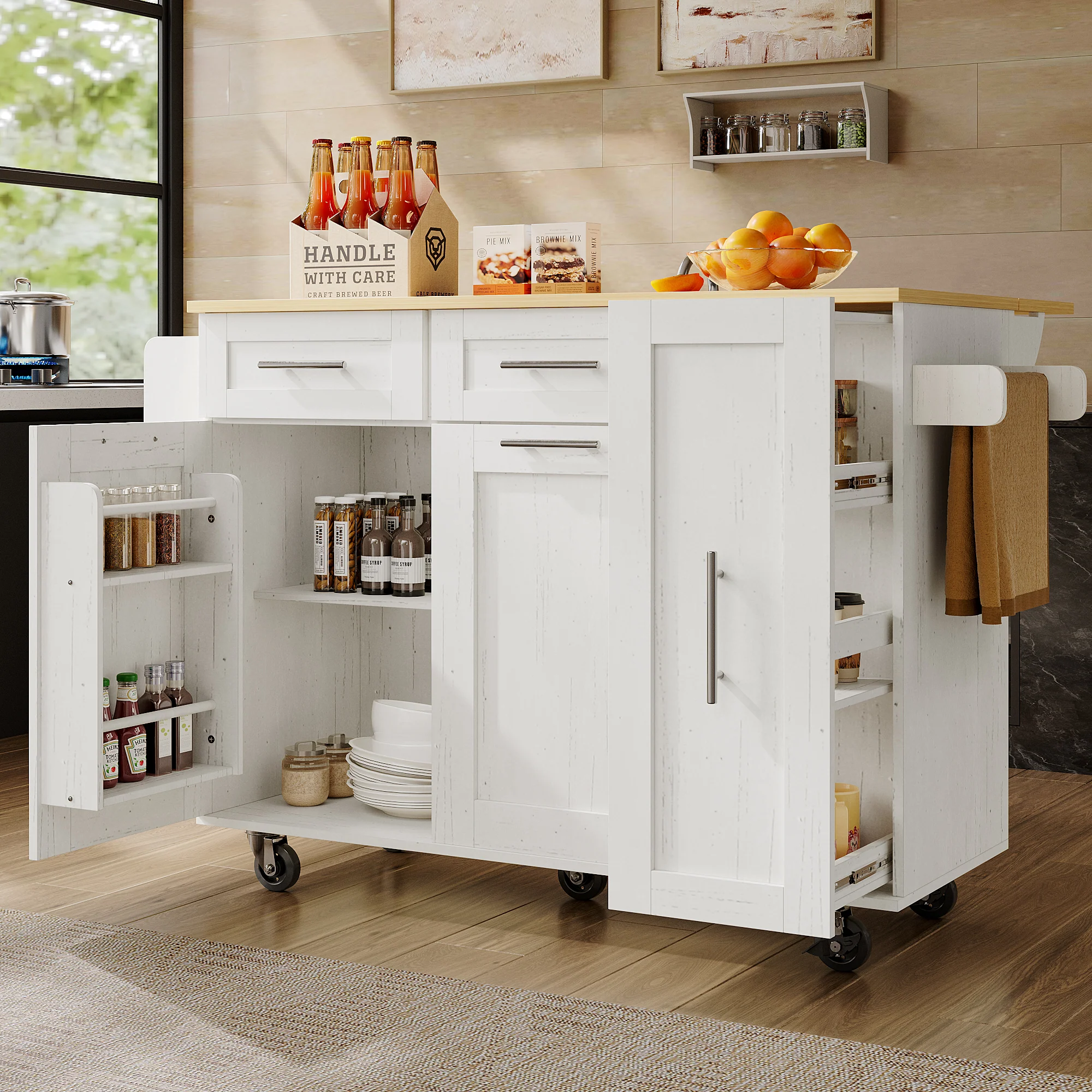 Dining Cart Kitchen Island - Multifunctional Extendable Table Storage - White Wood Grain - Image 2