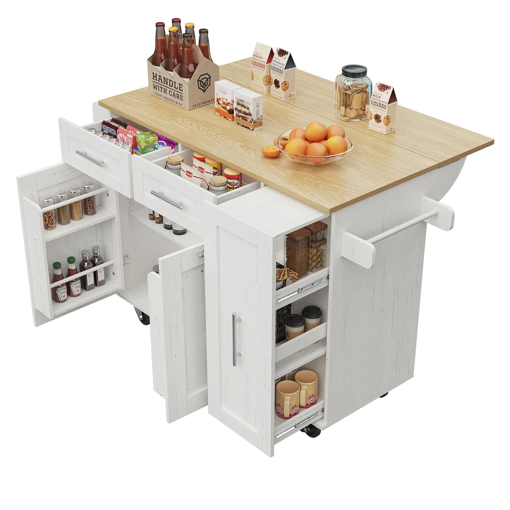 Dining Cart Kitchen Island - Multifunctional Extendable Table Storage - White Wood Grain - Image 3