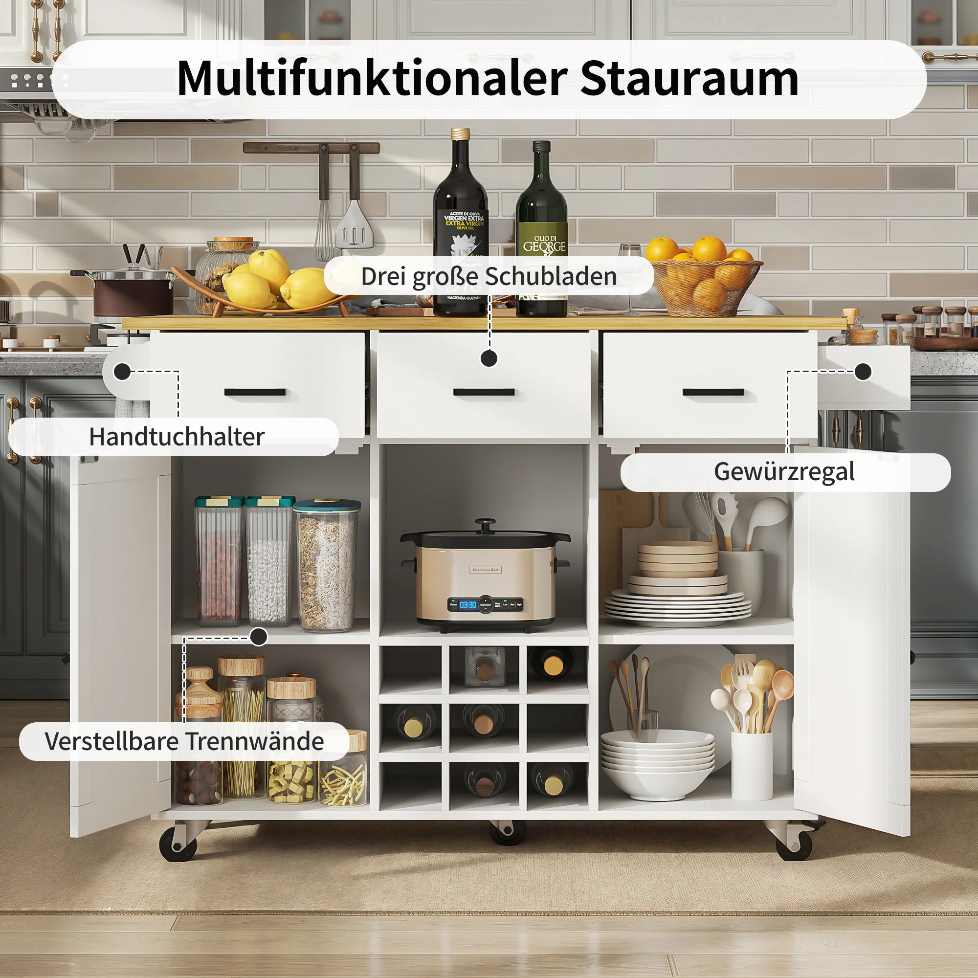 Dining Cart Removable Worktop Spice Rack Adjustable Storage - White - Image 6
