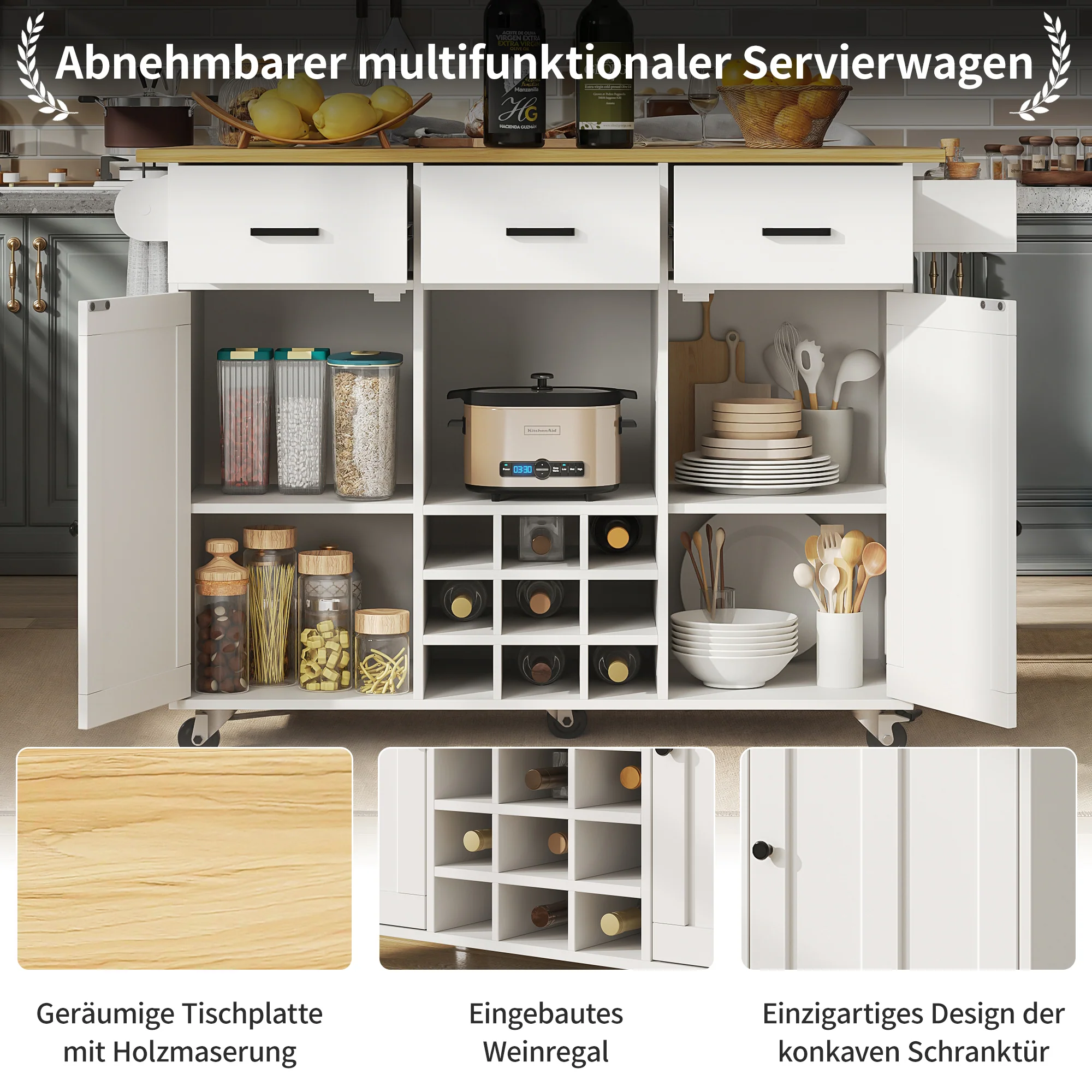 Dining Cart Removable Worktop Spice Rack Adjustable Storage - White - Image 7