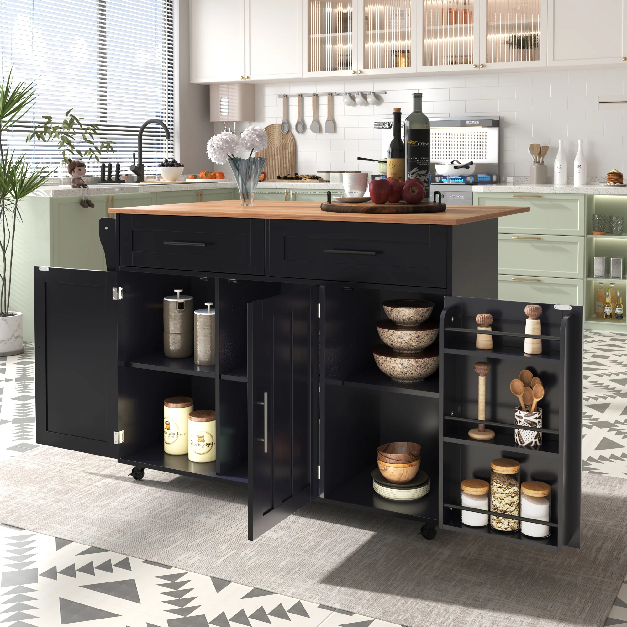 Dining Cart Sideboard 129cm Extendable Folding Top Storage Wheels - Black - Image 2