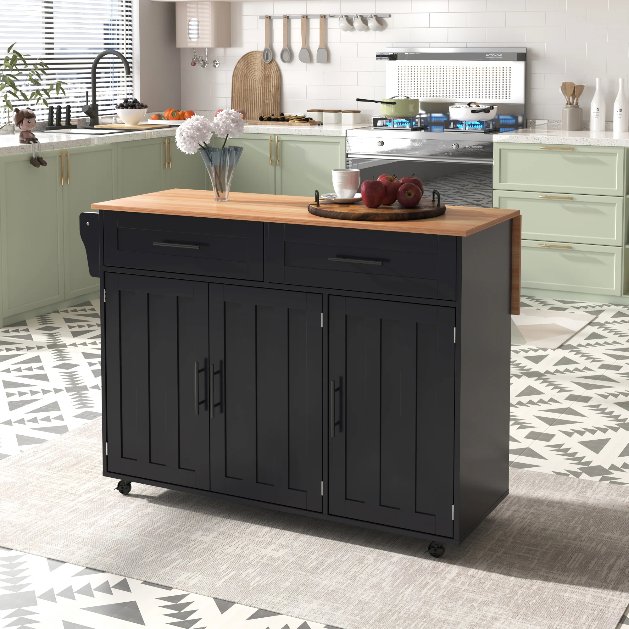 Dining Cart Sideboard 129cm Extendable Folding Top Storage Wheels - Black - Image 3