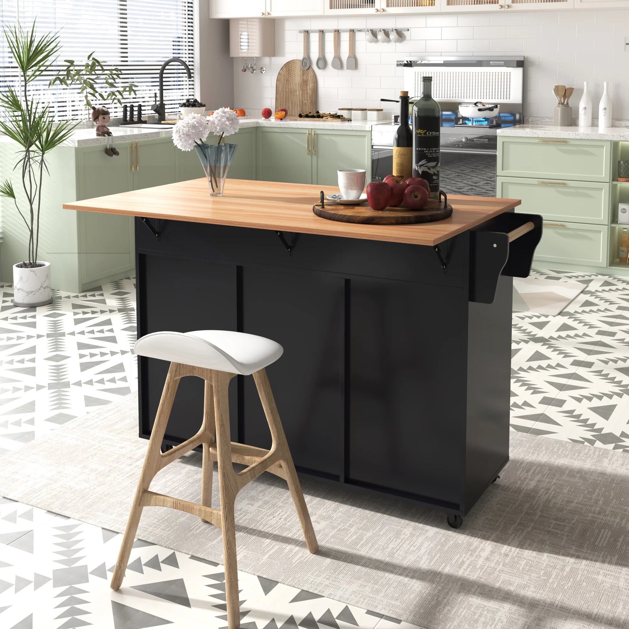 Dining Cart Sideboard 129cm Extendable Folding Top Storage Wheels - Black - Image 4
