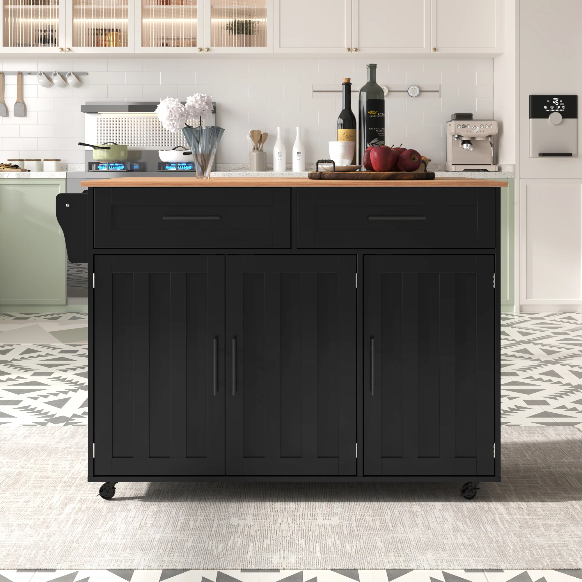 Dining Cart Sideboard 129cm Extendable Folding Top Storage Wheels - Black - Image 5