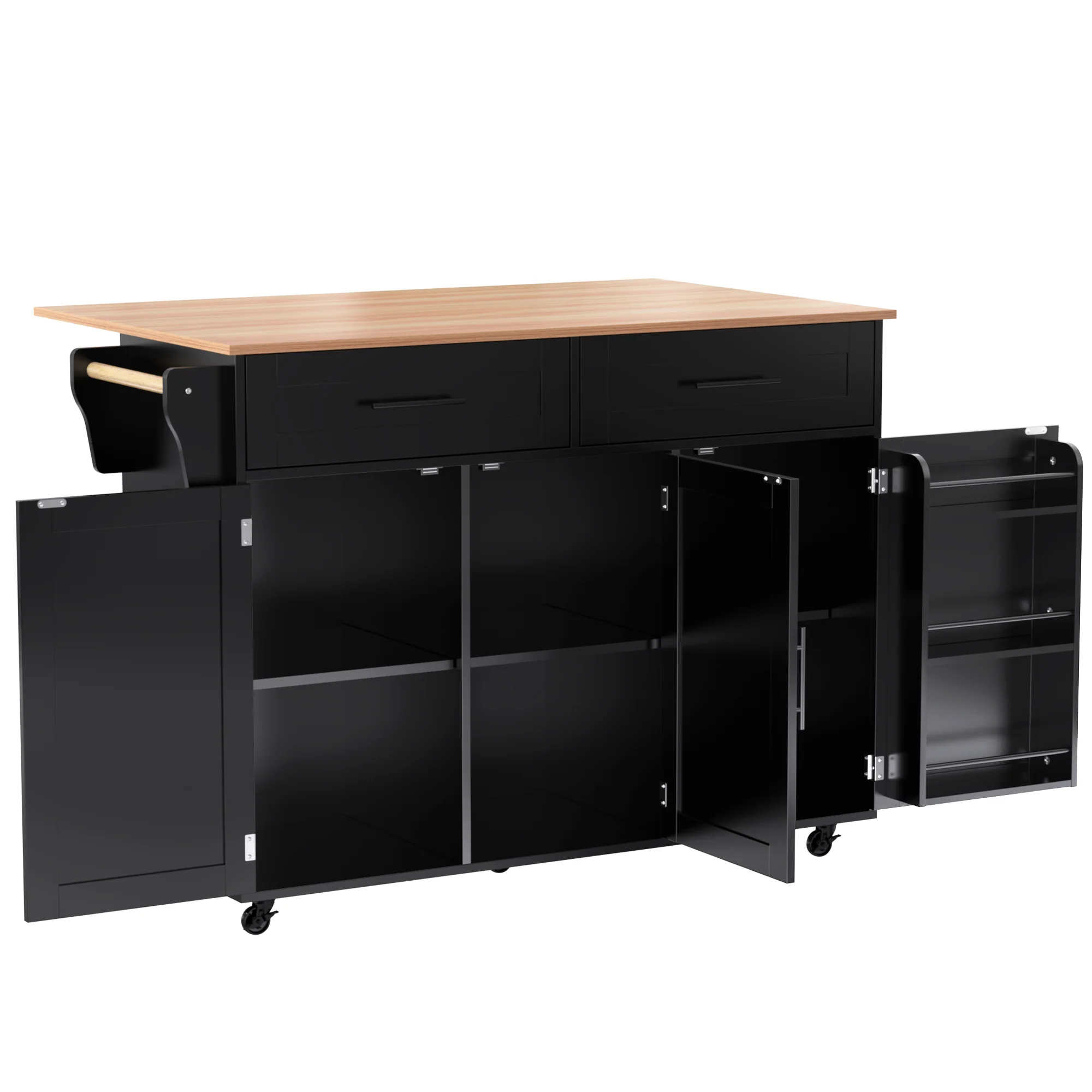Dining Cart Sideboard 129cm Extendable Folding Top Storage Wheels - Black - Image 6