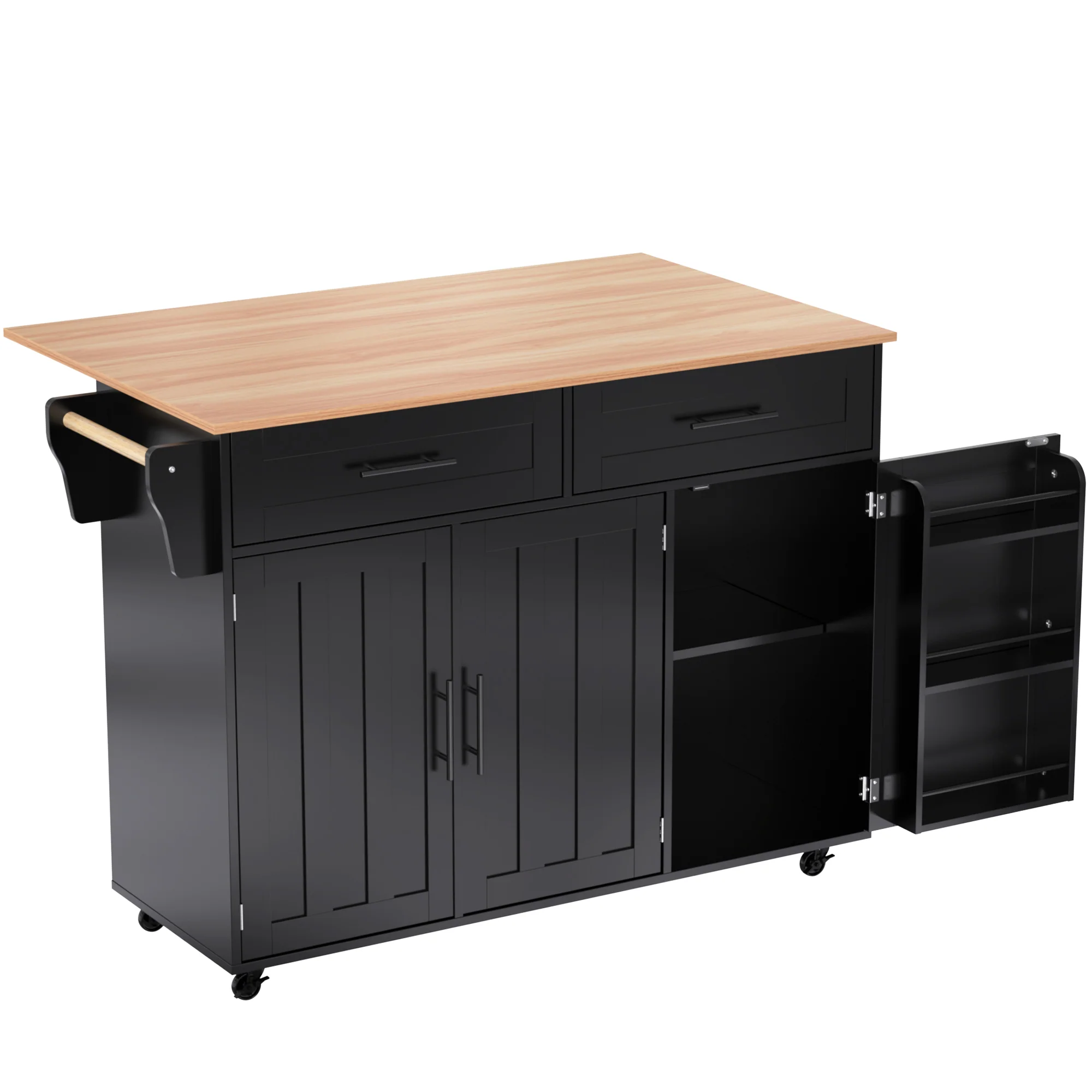Dining Cart Sideboard 129cm Extendable Folding Top Storage Wheels - Black - Image 8