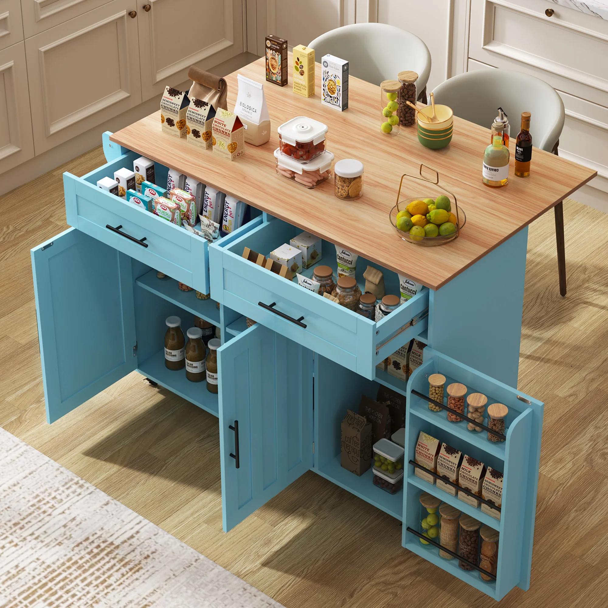 Dining Cart Sideboard Extendable Folding Worktop Storage Wheels - Blue/Wood Grain
