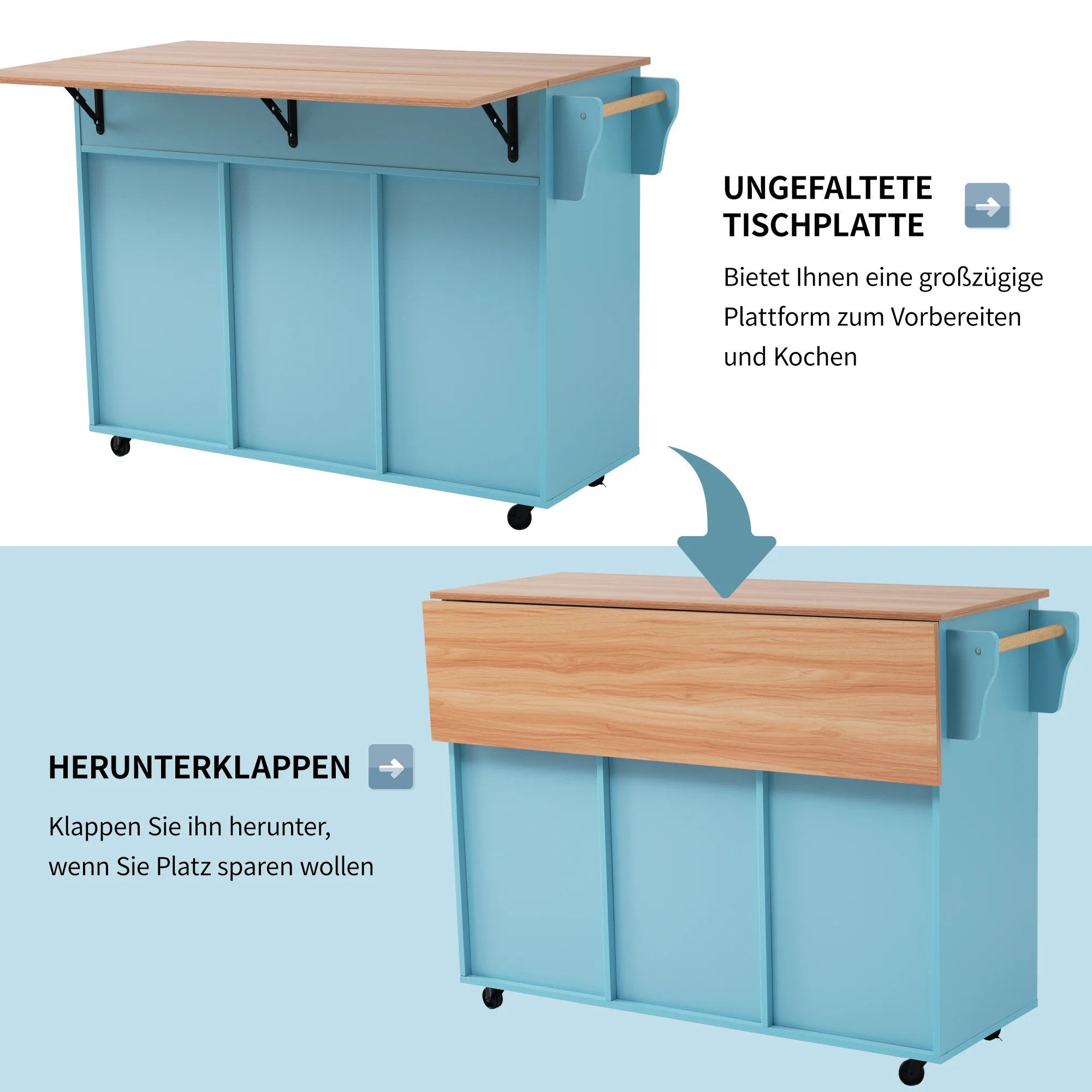 Dining Cart Sideboard Extendable Folding Worktop Storage Wheels - Blue/Wood Grain - Image 4
