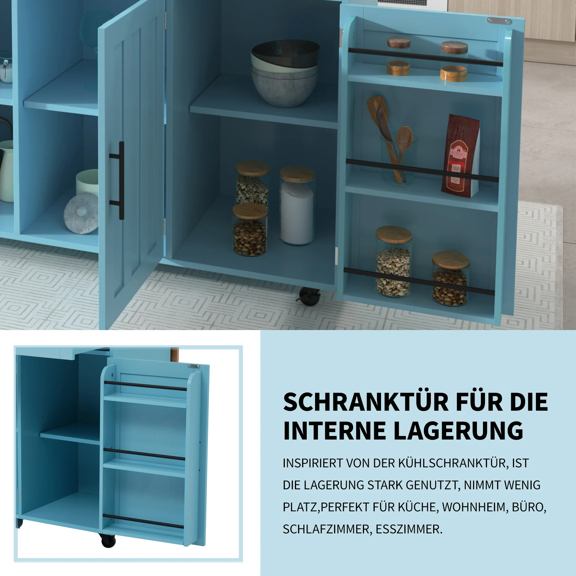 Dining Cart Sideboard Extendable Folding Worktop Storage Wheels - Blue/Wood Grain - Image 5