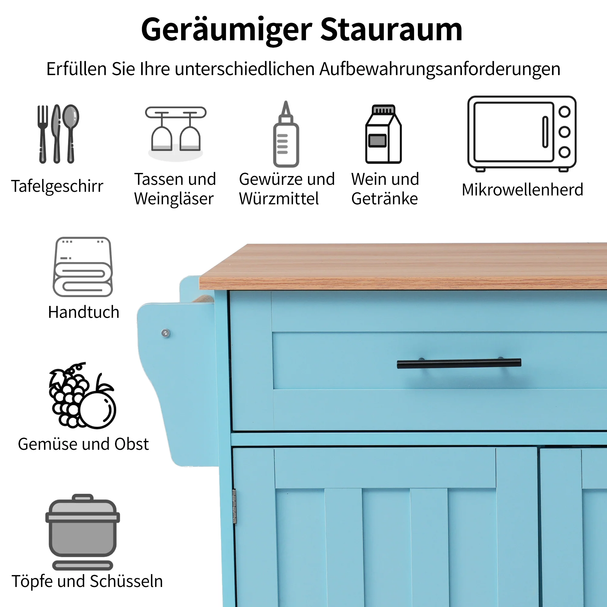 Dining Cart Sideboard Extendable Folding Worktop Storage Wheels - Blue/Wood Grain - Image 6