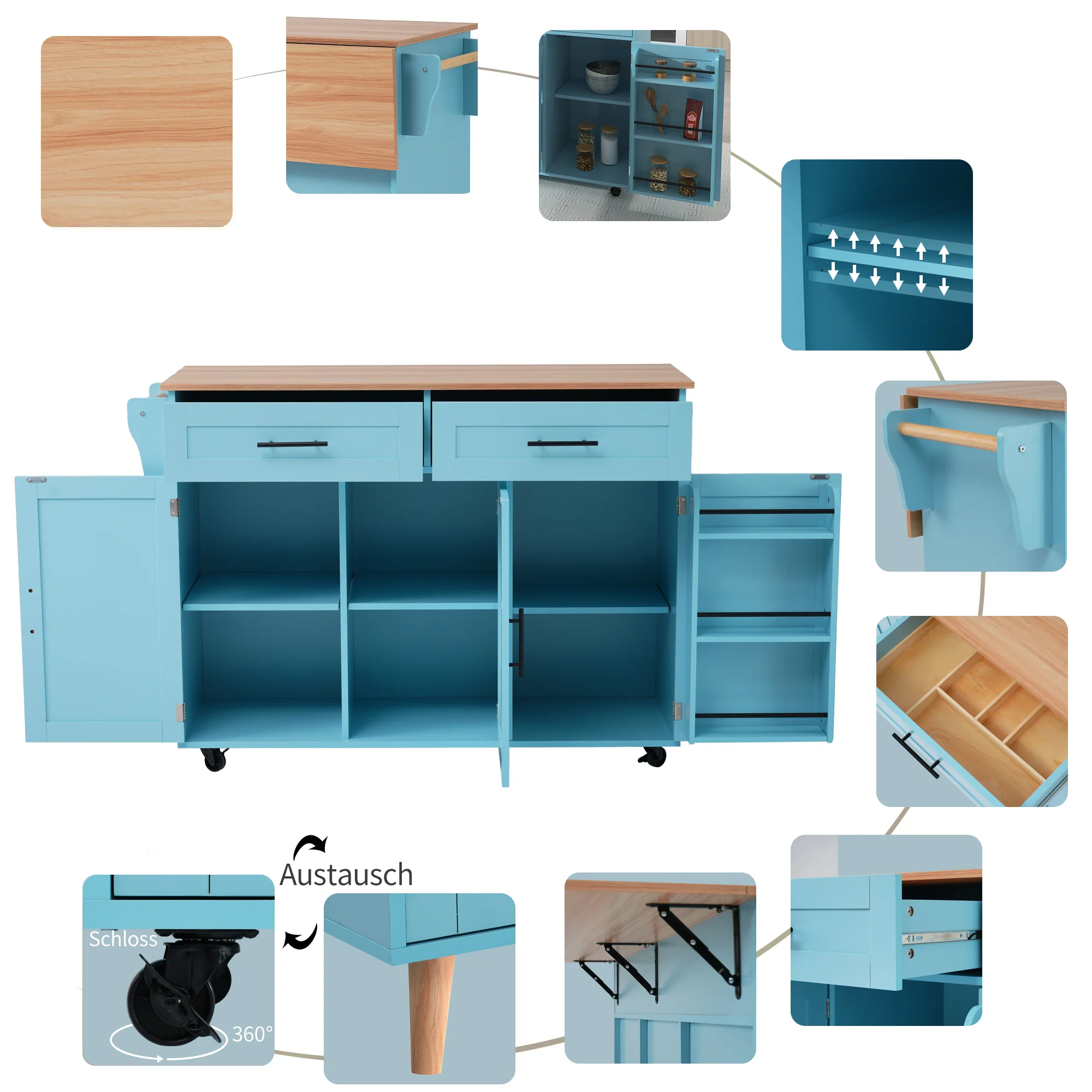 Dining Cart Sideboard Extendable Folding Worktop Storage Wheels - Blue/Wood Grain - Image 8
