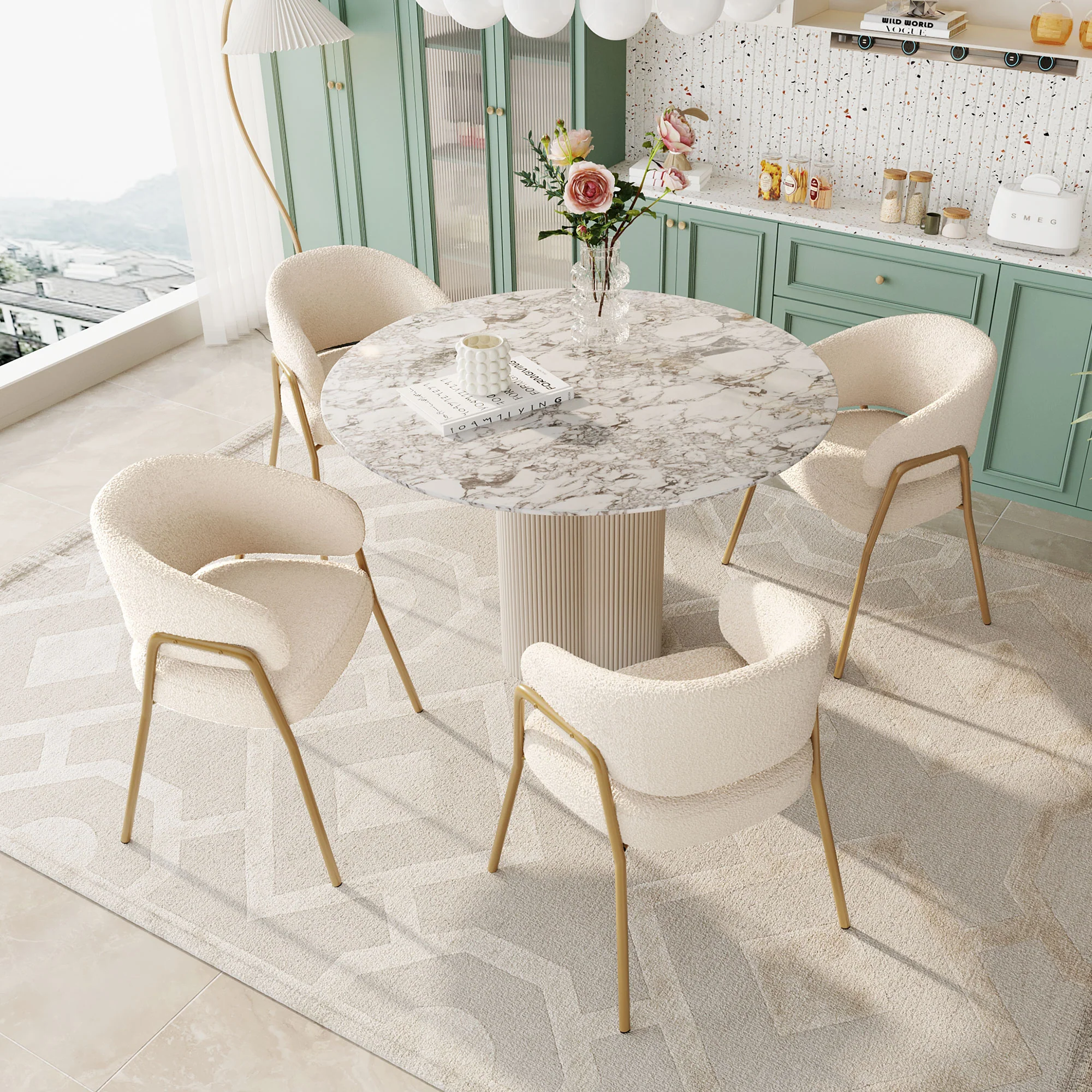 Dining Chair (4 pcs) Modern Lambskin Velvet with Golden Legs White/Gold Finish