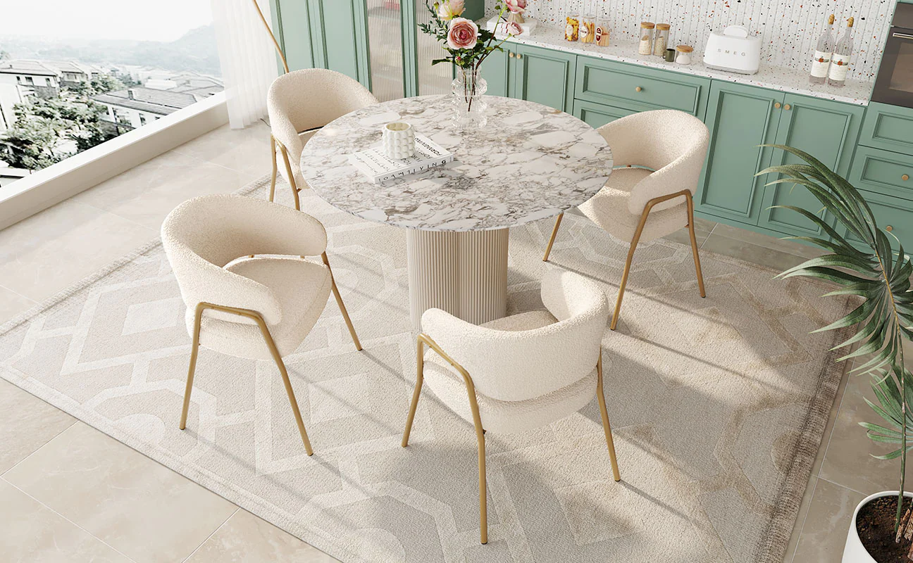 Dining Chair (4 pcs) Modern Lambskin Velvet with Golden Legs White/Gold Finish - Image 2