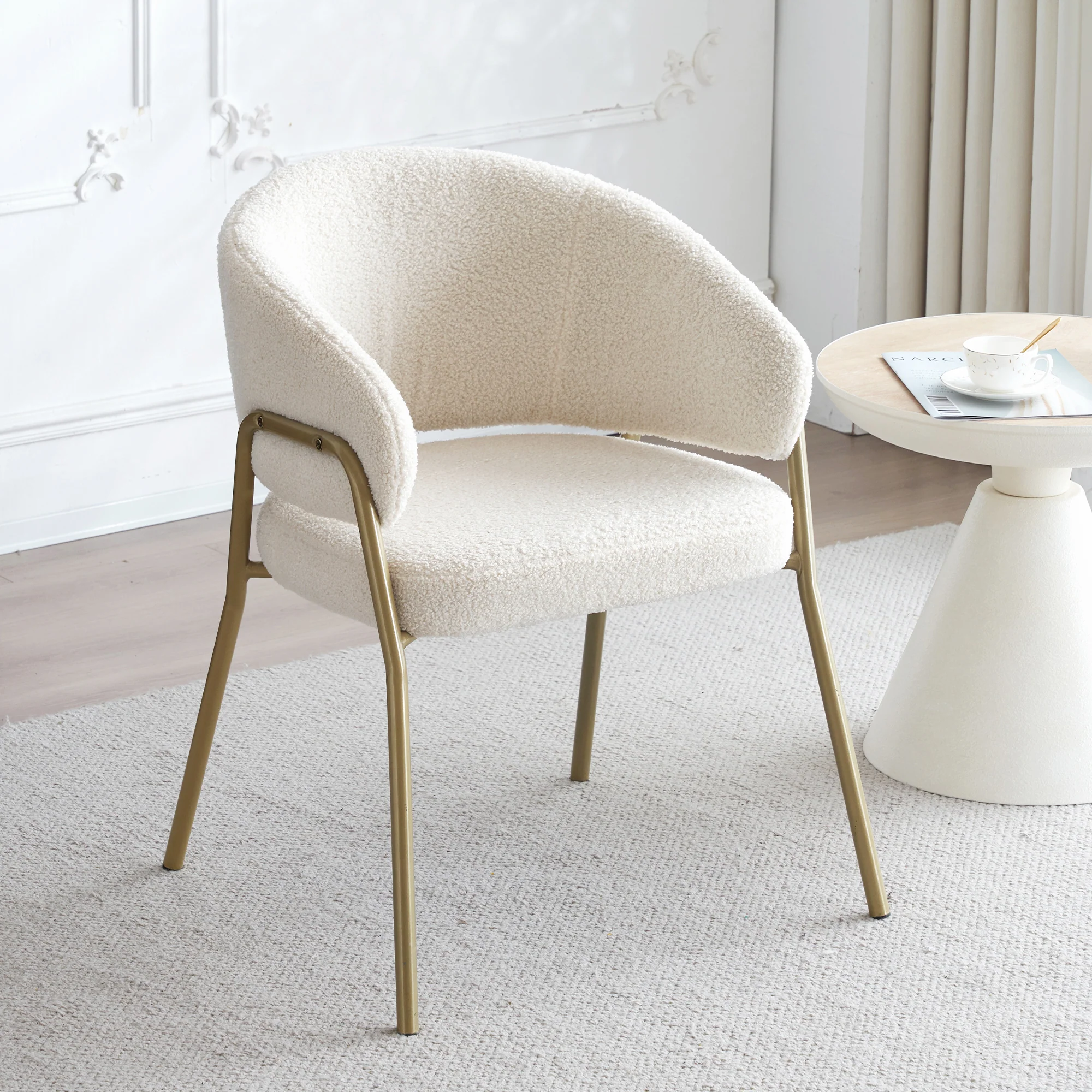 Dining Chair (4 pcs) Modern Lambskin Velvet with Golden Legs White/Gold Finish - Image 5