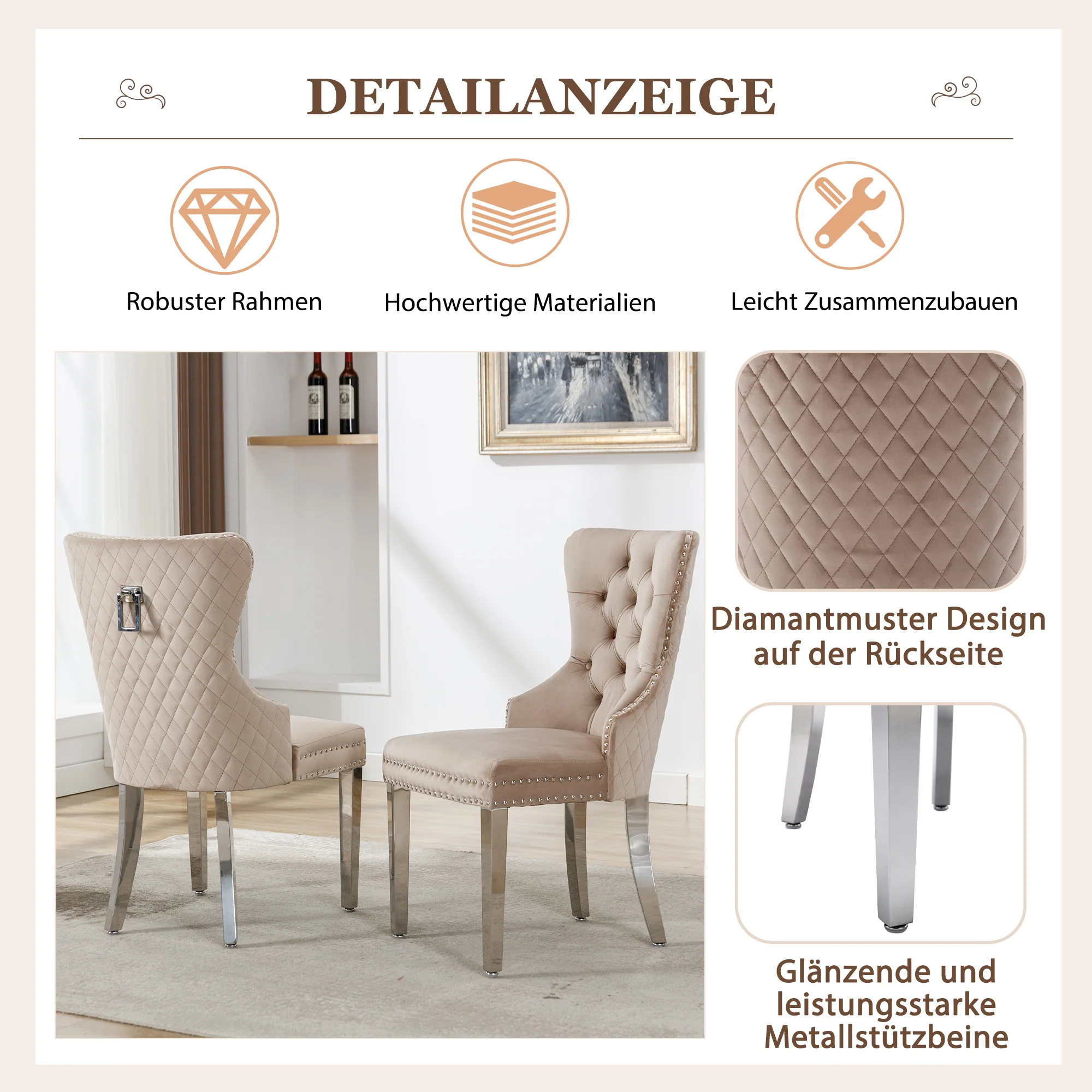 Dining Chair 4-Piece Set Upholstered Door Knocker Nailhead Trim Metal Legs Beige Velvet - Image 10