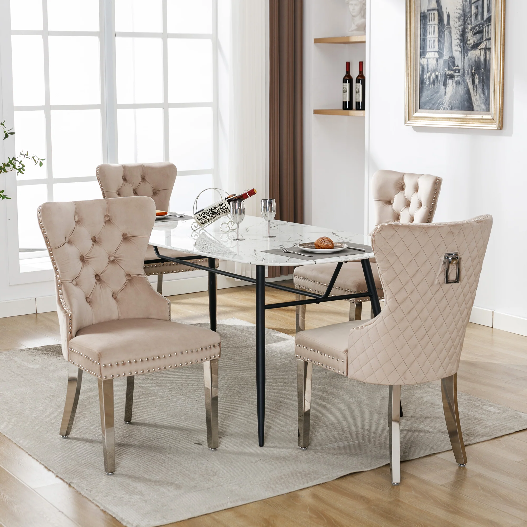 Dining Chair 4-Piece Set Upholstered Door Knocker Nailhead Trim Metal Legs Beige Velvet - Image 3