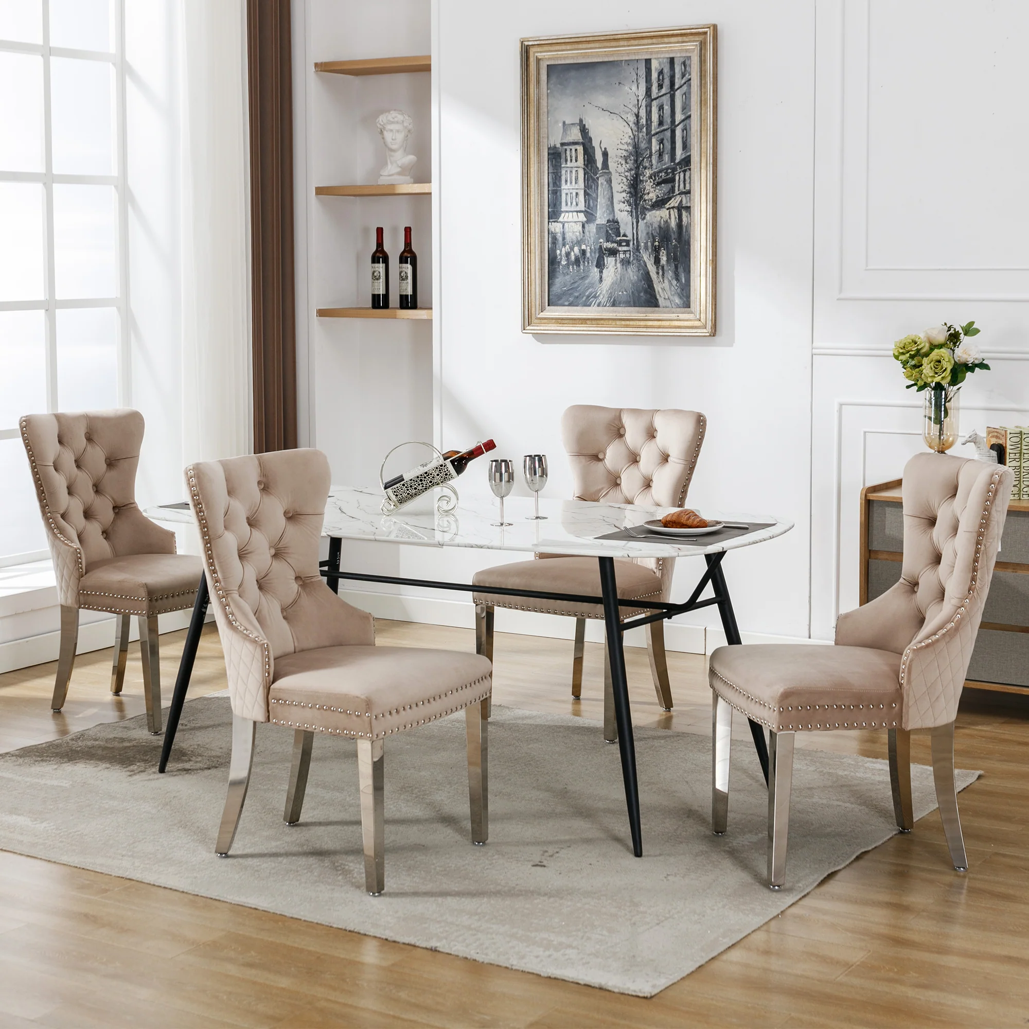 Dining Chair 4-Piece Set Upholstered Door Knocker Nailhead Trim Metal Legs Beige Velvet - Image 4