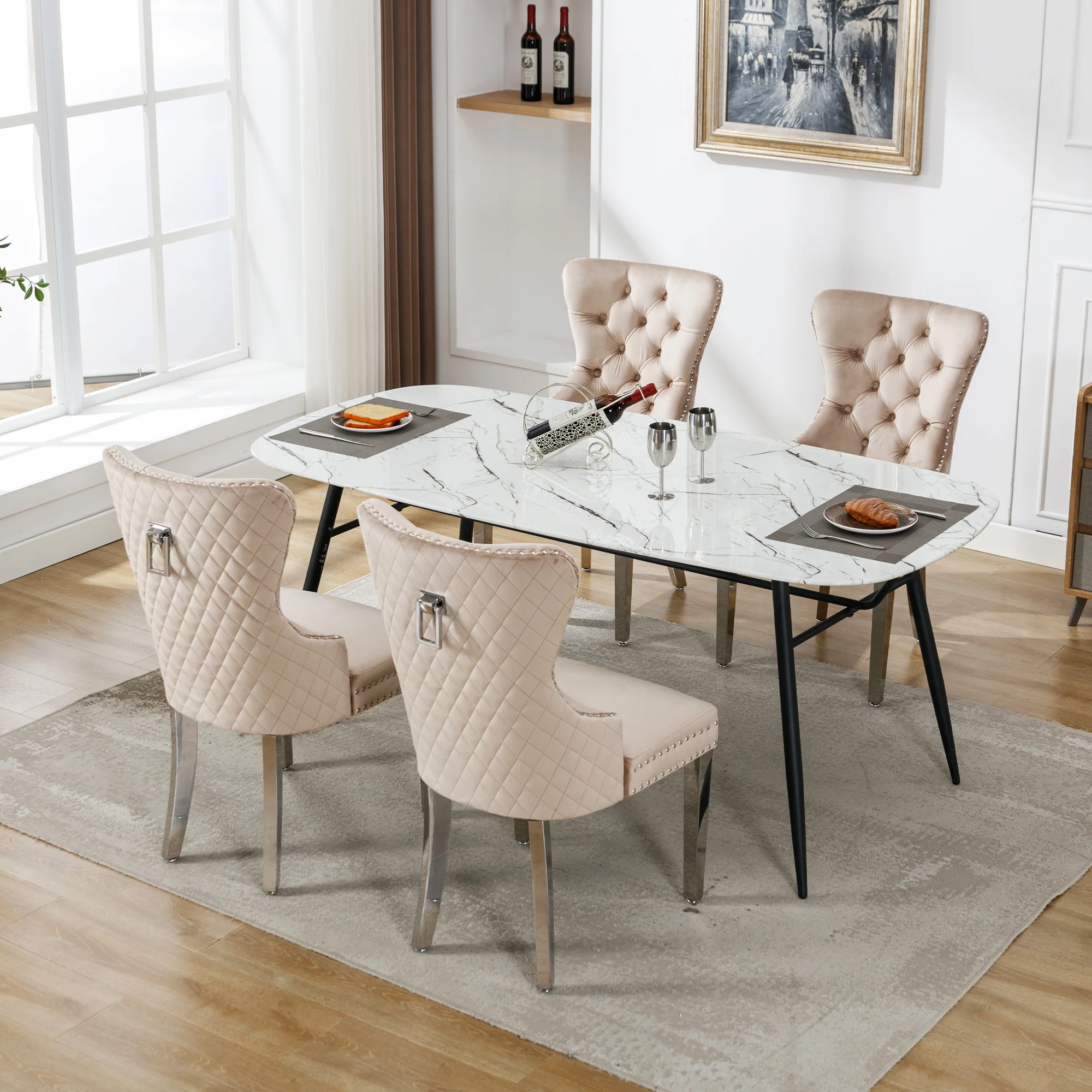Dining Chair 4-Piece Set Upholstered Door Knocker Nailhead Trim Metal Legs Beige Velvet - Image 5