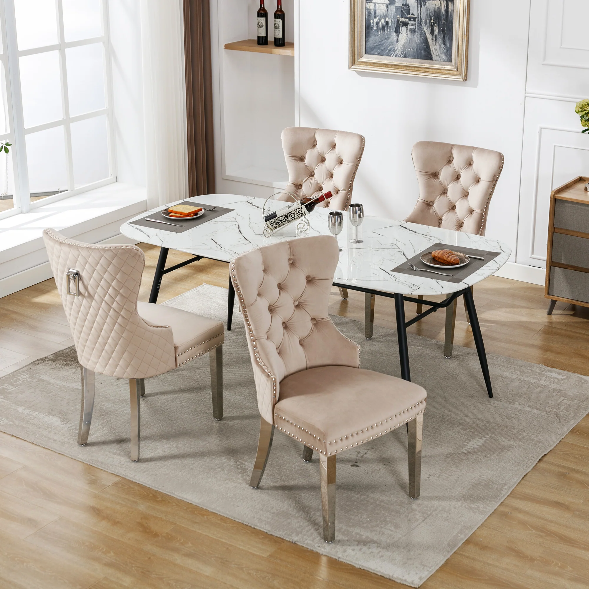 Dining Chair 4-Piece Set Upholstered Door Knocker Nailhead Trim Metal Legs Beige Velvet - Image 6