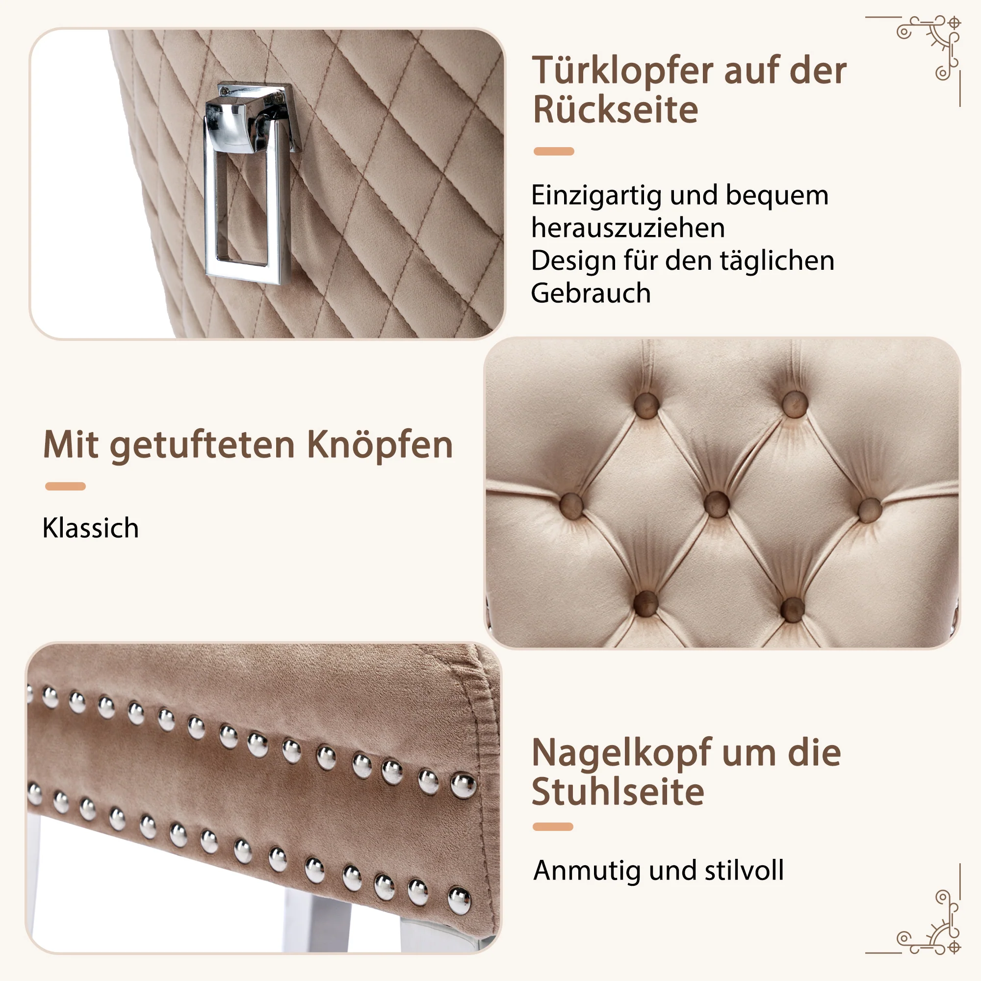 Dining Chair 4-Piece Set Upholstered Door Knocker Nailhead Trim Metal Legs Beige Velvet - Image 8