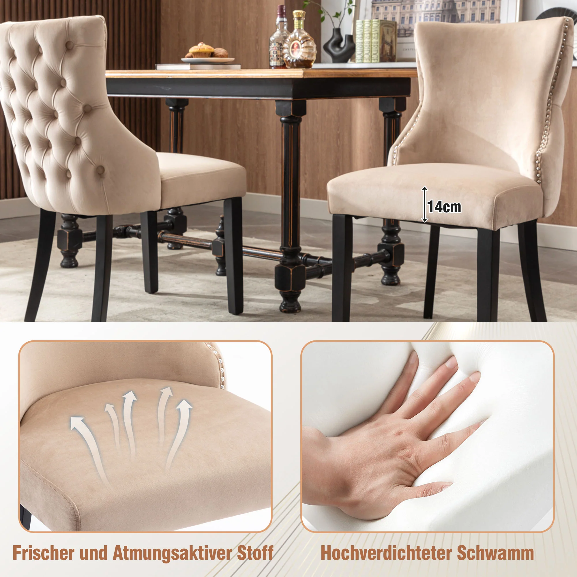 Dining Chair - Button Tufting, Solid Wood Frame - Beige Velvet (Set of 6) - Image 10