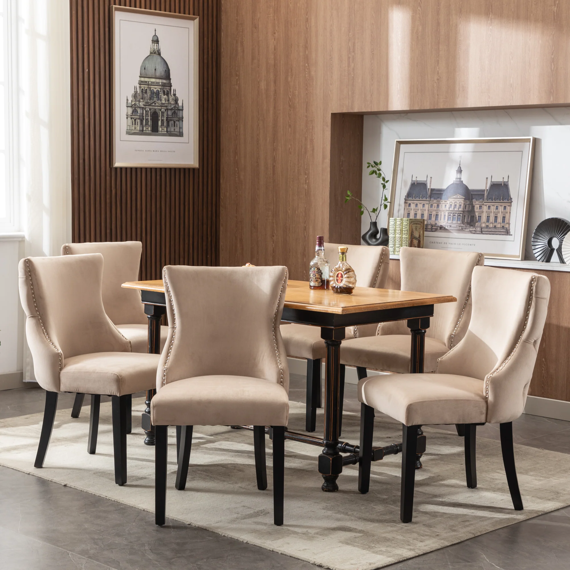 Dining Chair - Button Tufting, Solid Wood Frame - Beige Velvet (Set of 6) - Image 2